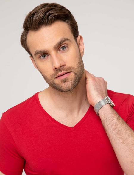 Kırmızı Slim Fit V Yaka T-Shirt - 50168794113