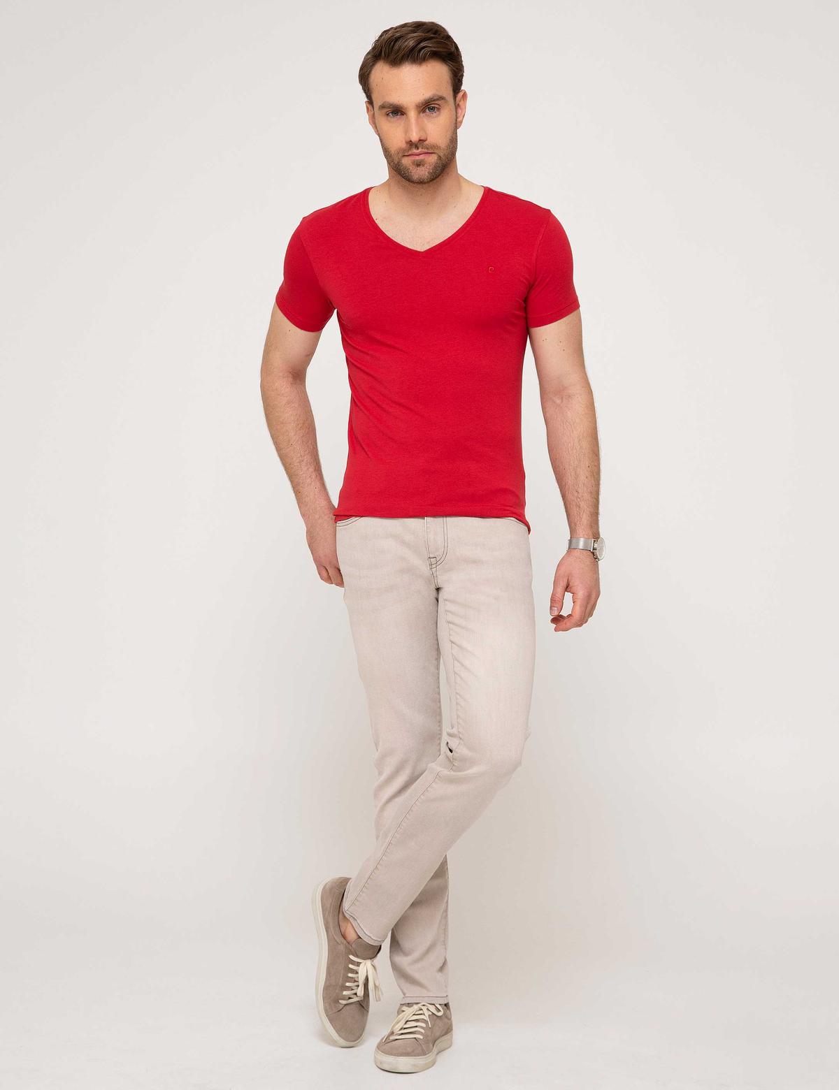 Kırmızı Slim Fit V Yaka T-Shirt - 50168794113