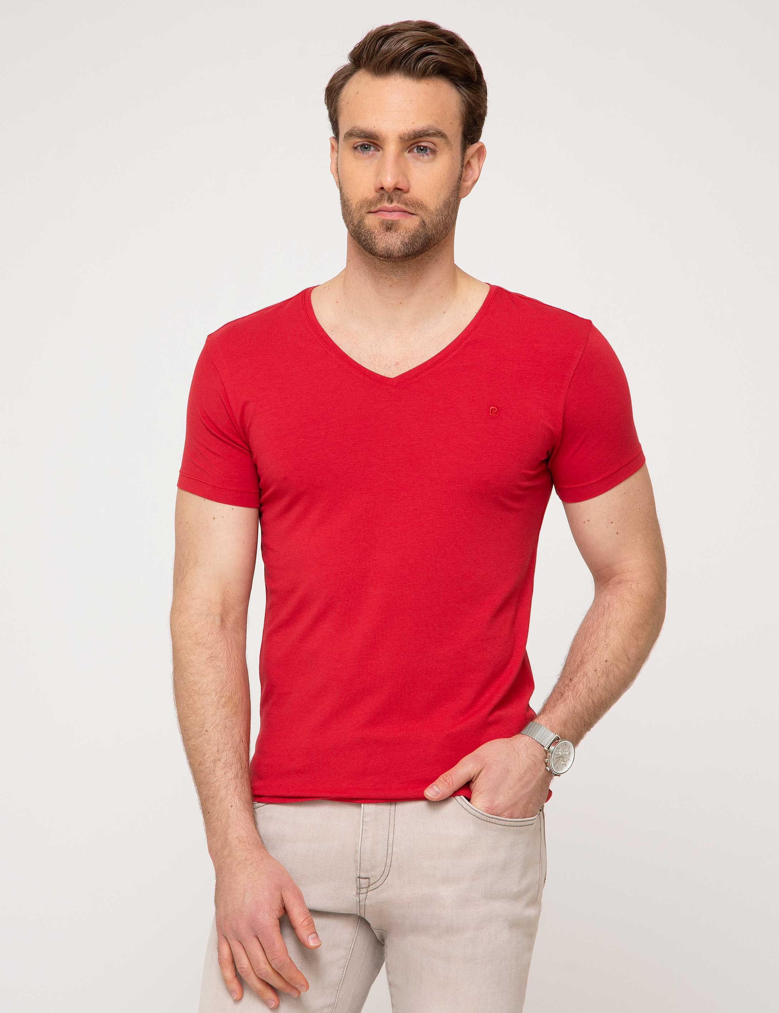 Kırmızı Slim Fit V Yaka T-Shirt