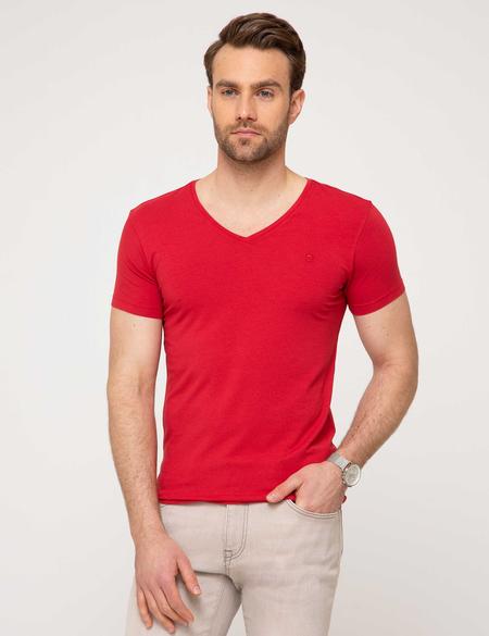 Kırmızı Slim Fit V Yaka T-Shirt - 50168794113
