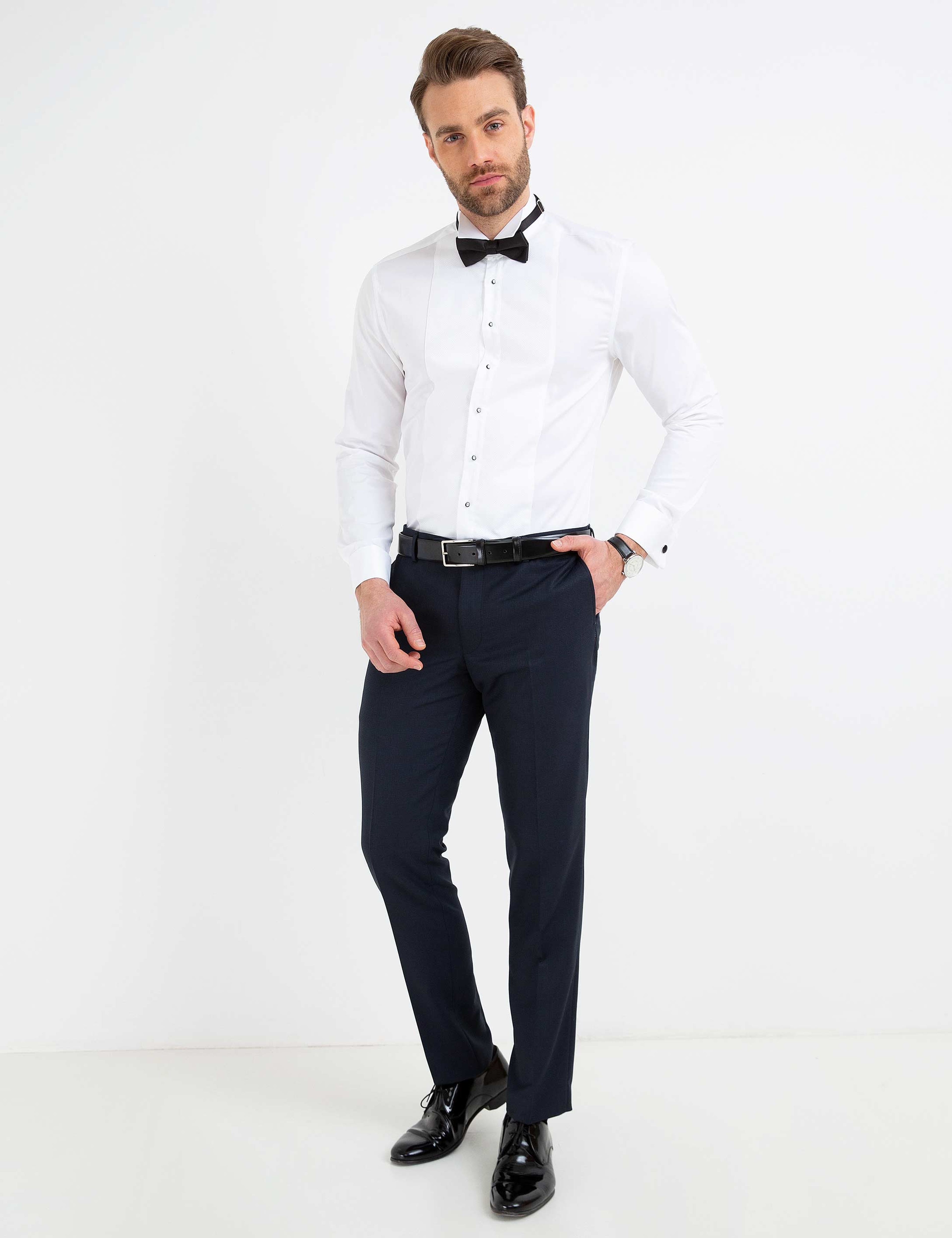 Beyaz Slim Fit Smokin Gömlek