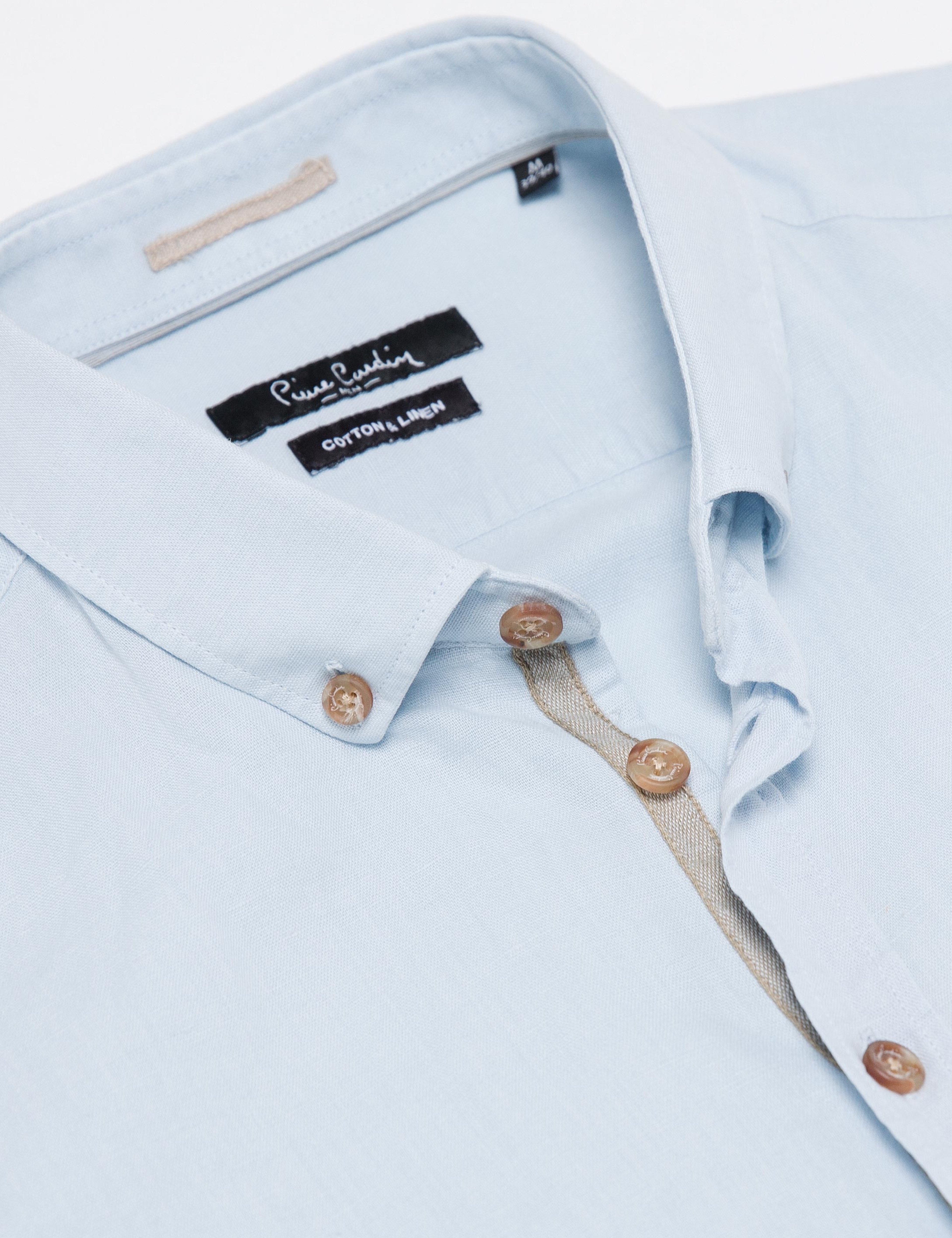 Açık Mavi Slim Fit Keten Karışımlı Gömlek - Image 3
