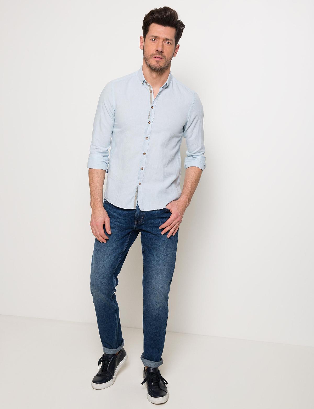 Açık Mavi Slim Fit Keten Karışımlı Gömlek - 50185777117