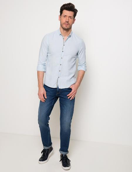 Açık Mavi Slim Fit Keten Karışımlı Gömlek - 50185777117