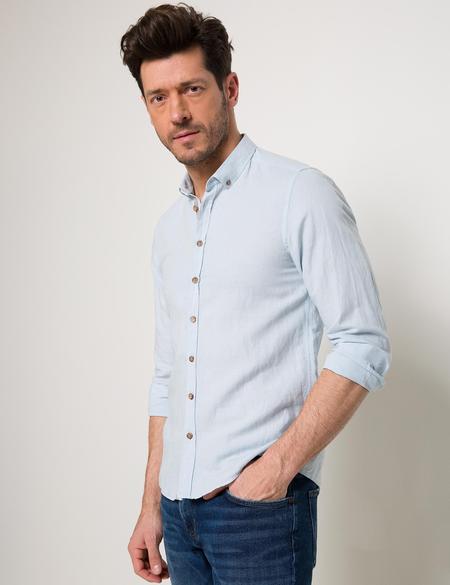 Açık Mavi Slim Fit Keten Karışımlı Gömlek - 50185777117