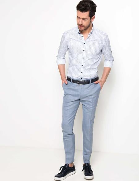 Mavi Detaylı Beyaz Slim Fit Gömlek - 50186203005
