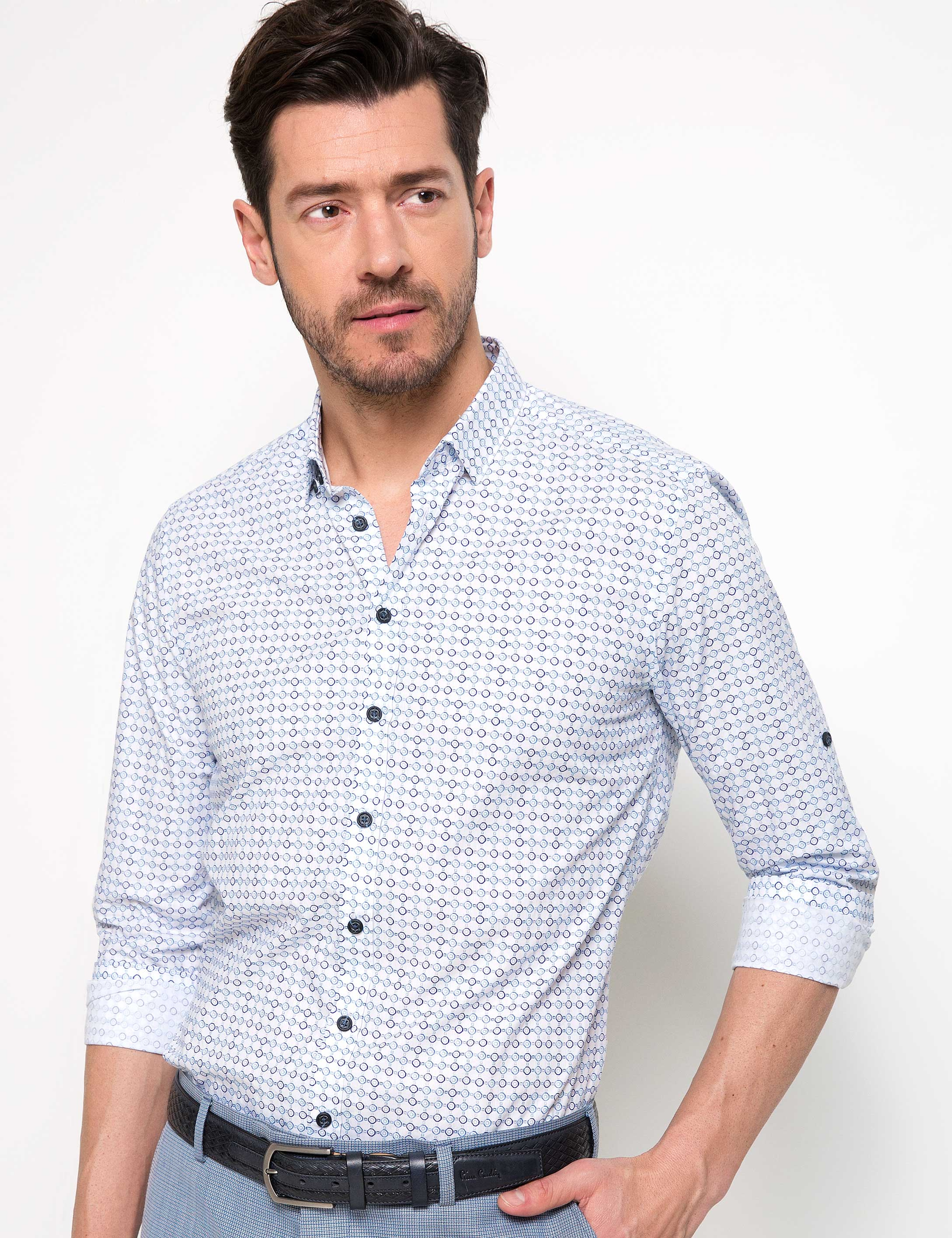 Mavi Detaylı Beyaz Slim Fit Gömlek