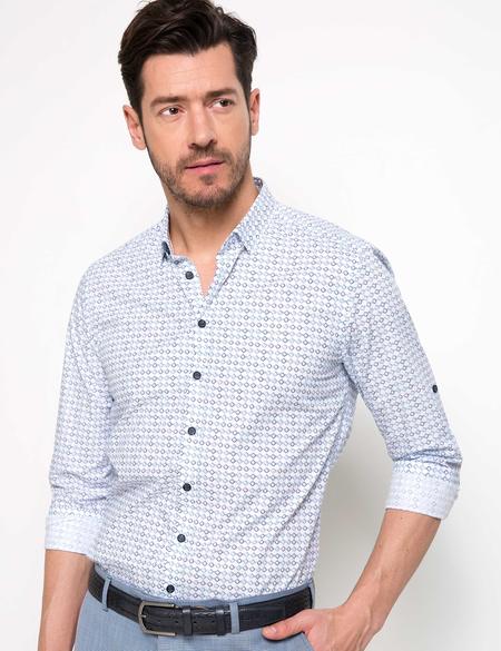 Mavi Detaylı Beyaz Slim Fit Gömlek - 50186203005