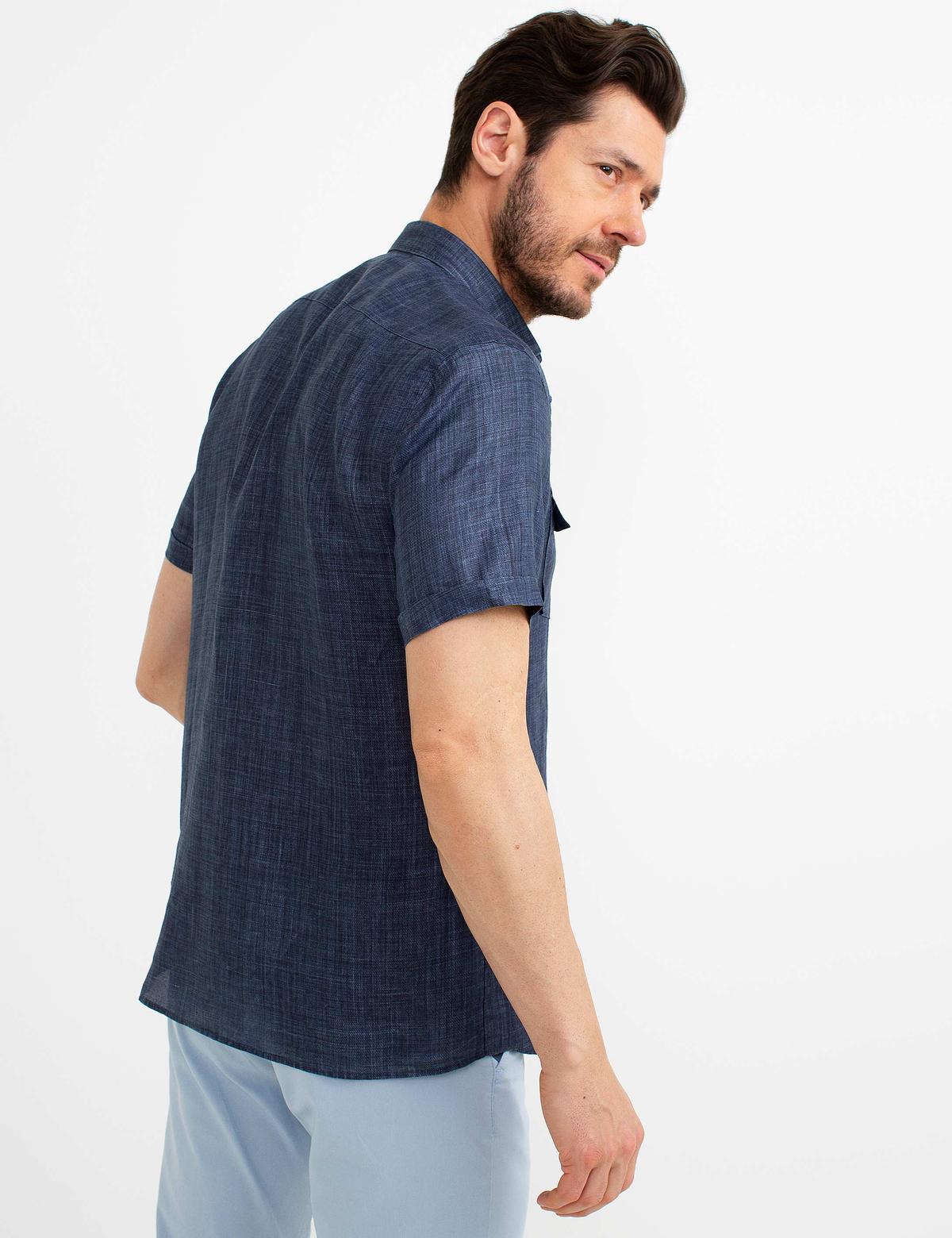 Lacivert Slim Fit Keten Kısa Kollu Gömlek - 50186205004