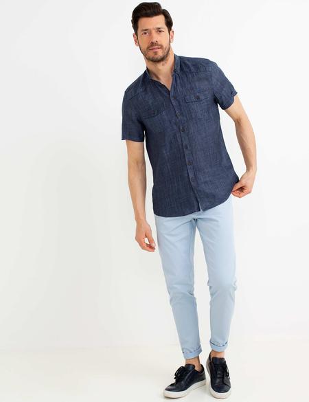 Lacivert Slim Fit Keten Kısa Kollu Gömlek - 50186205004