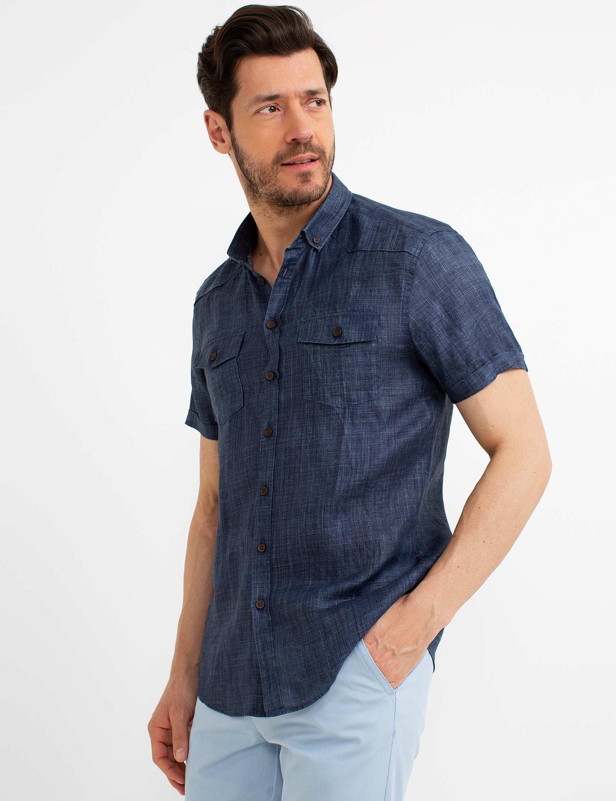 Lacivert Slim Fit Keten Kısa Kollu Gömlek - 50186205004