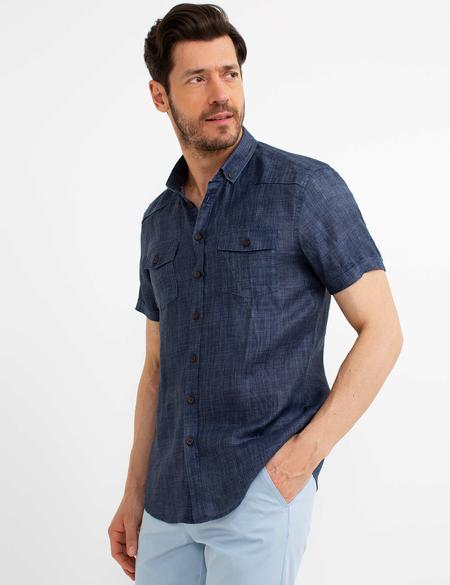 Lacivert Slim Fit Keten Kısa Kollu Gömlek - 50186205004