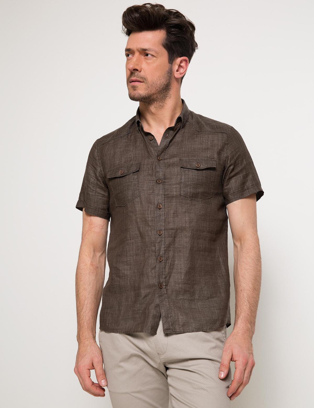 Kahverengi Slim Fit Kısa Kollu Gömlek - 50186205026
