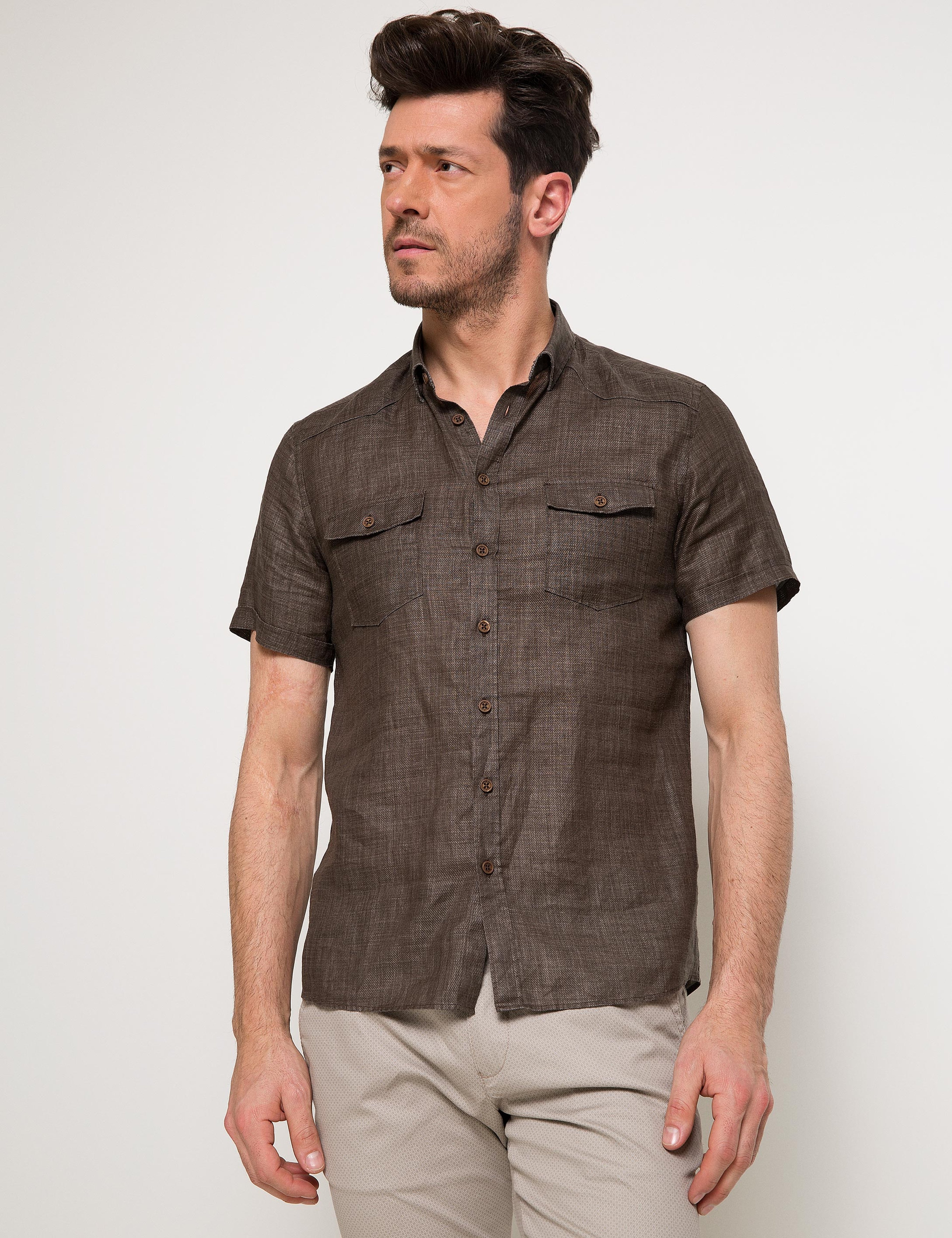 Kahverengi Slim Fit Kısa Kollu Gömlek - Image 2