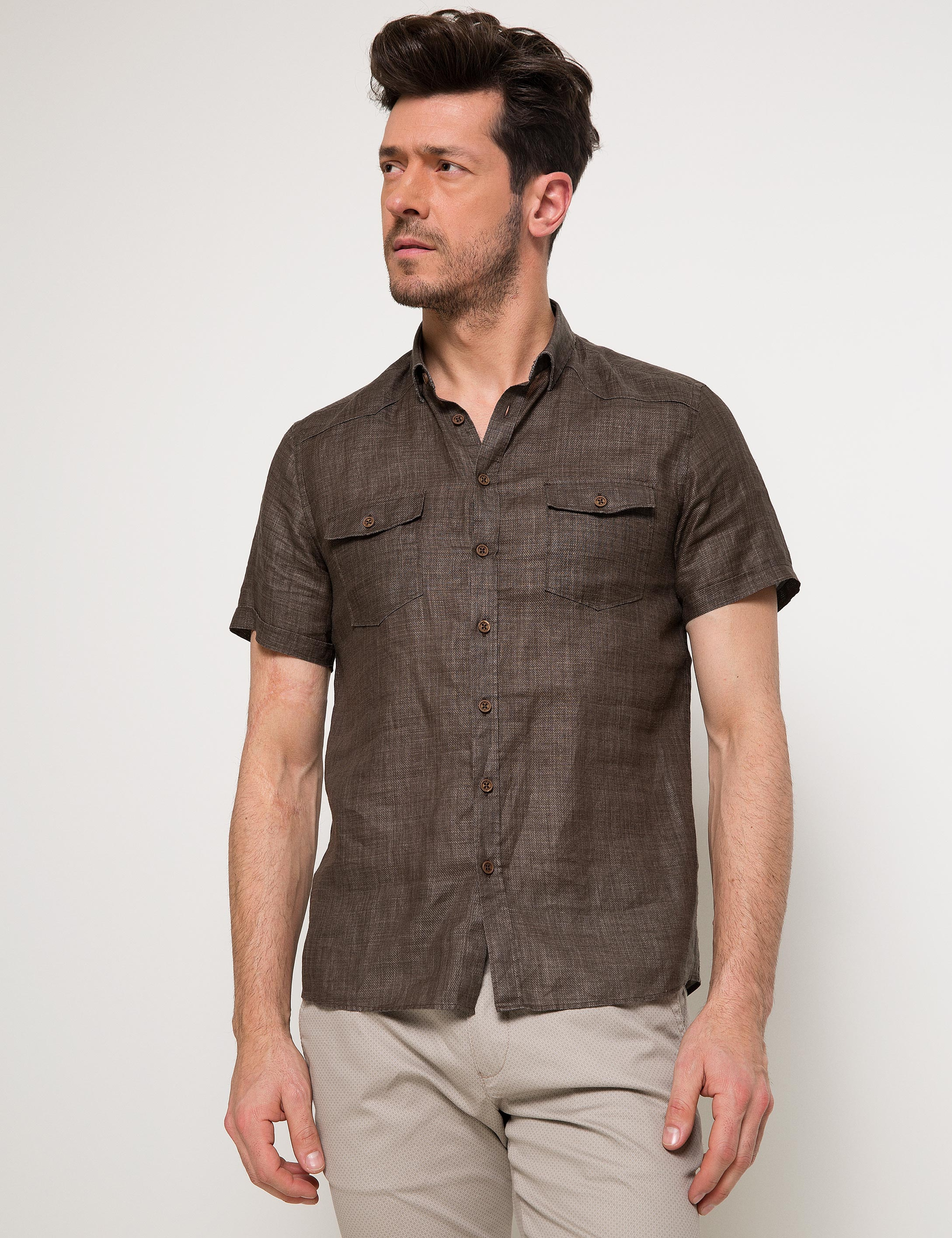 Kahverengi Slim Fit Kısa Kollu Gömlek