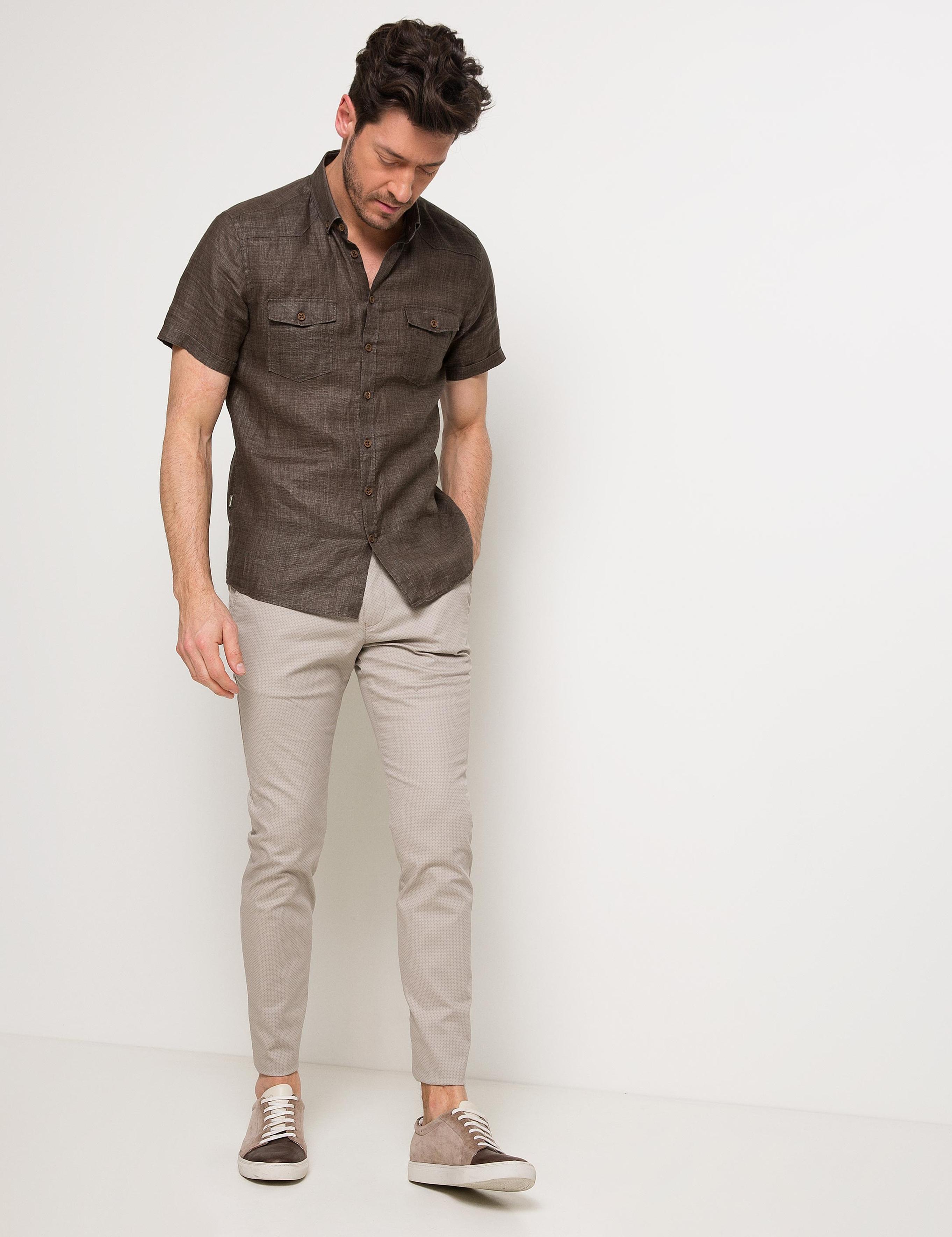Kahverengi Slim Fit Kısa Kollu Gömlek