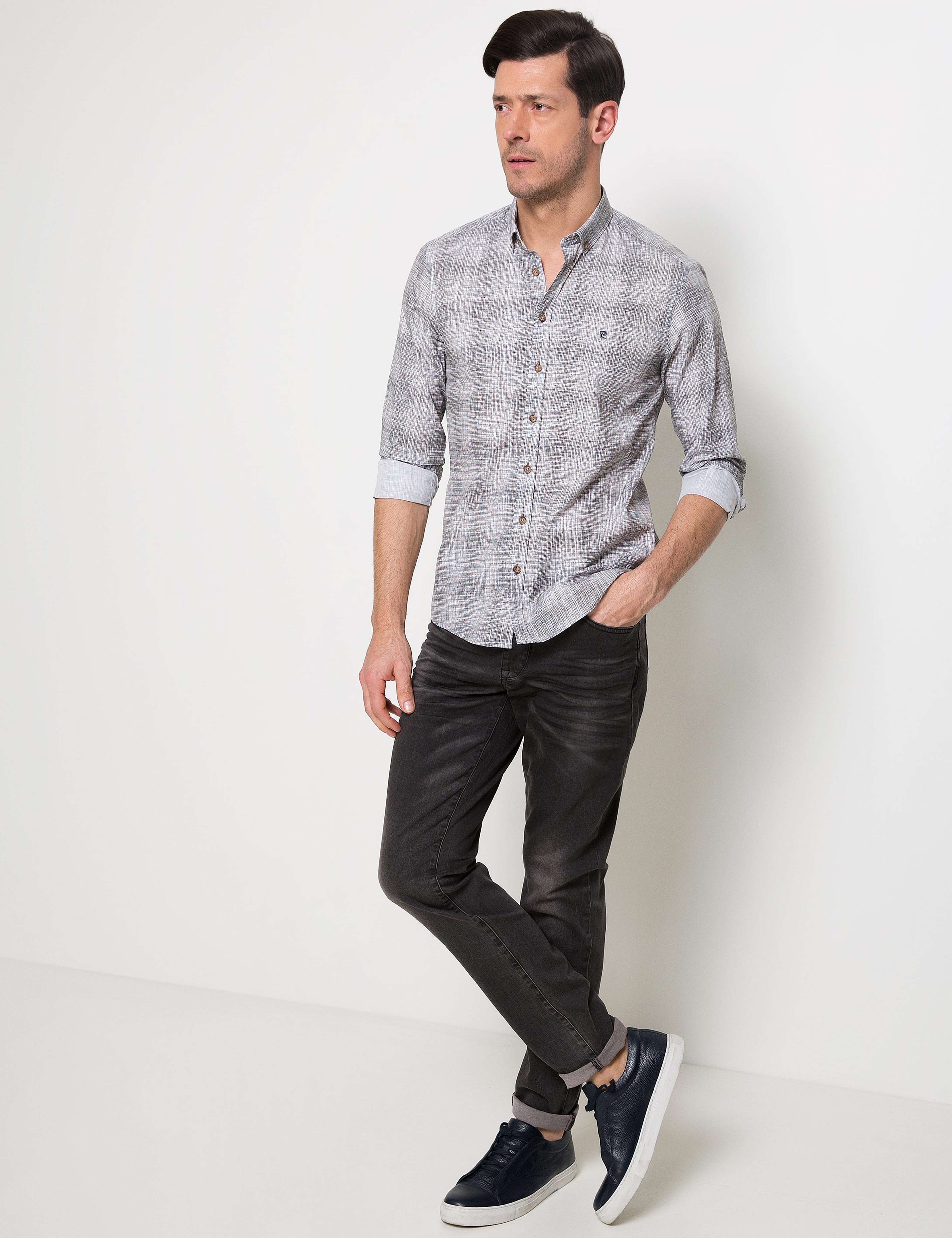 Antrasit Detaylı Beyaz Slim Fit Gömlek - Image 2