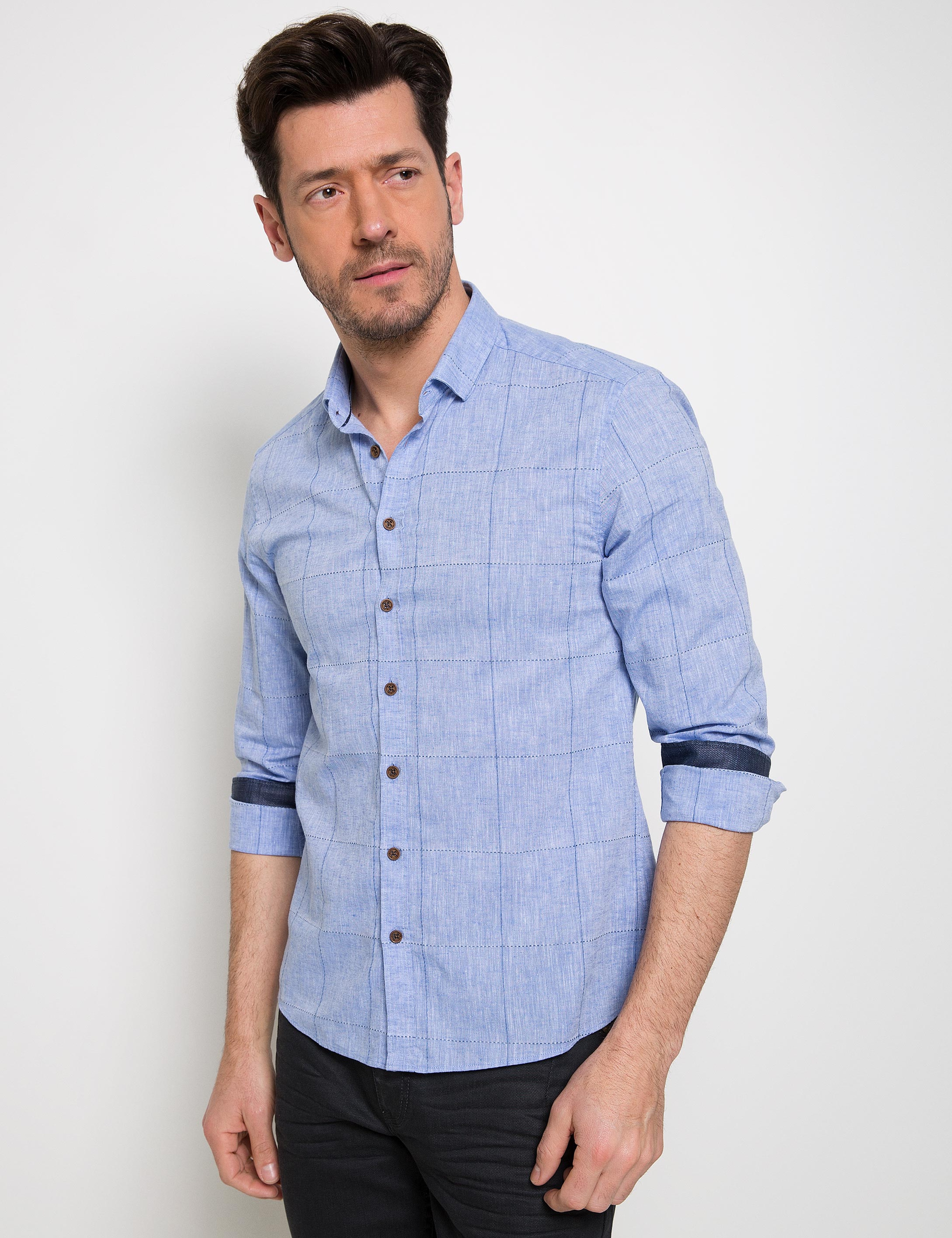 Mavi Slim Fit Keten Karışımlı Gömlek - Image 1