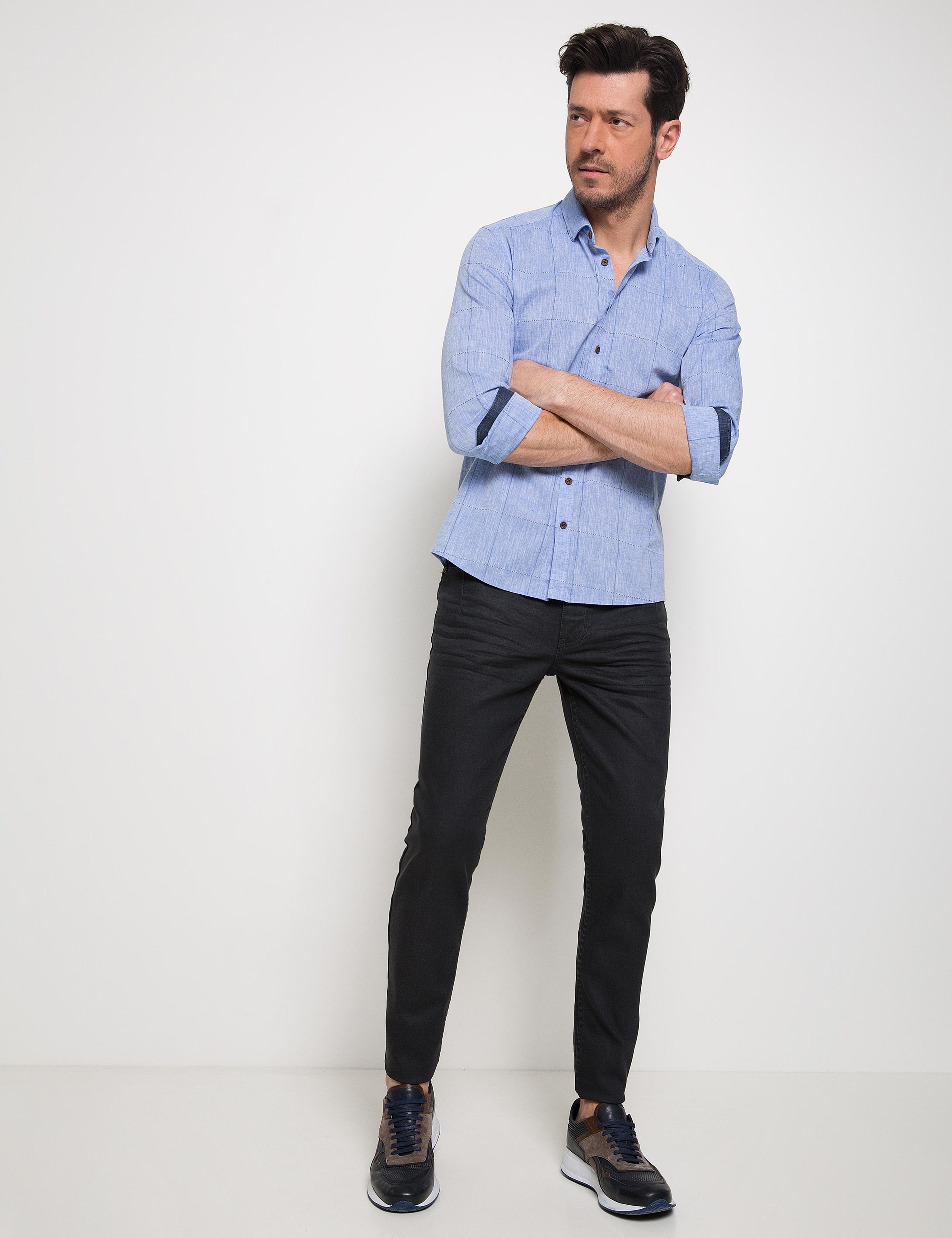 Mavi Slim Fit Keten Karışımlı Gömlek - Image 2