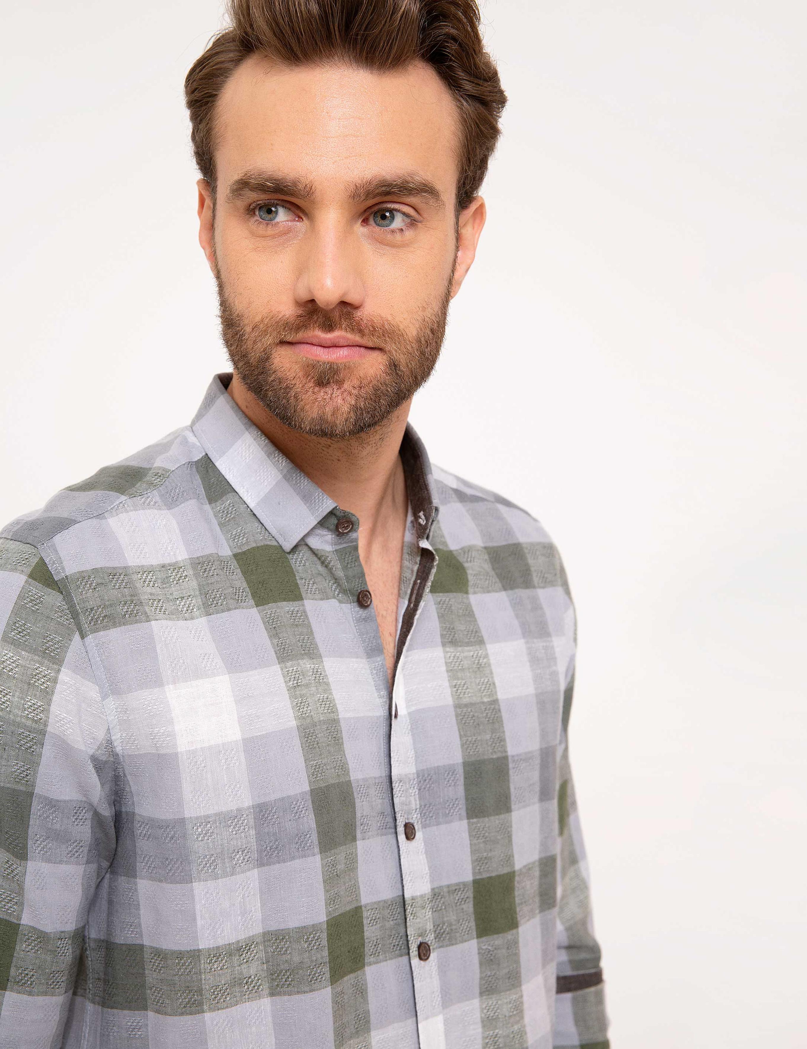 Gri Slim Fit Keten Karışımlı Gömlek