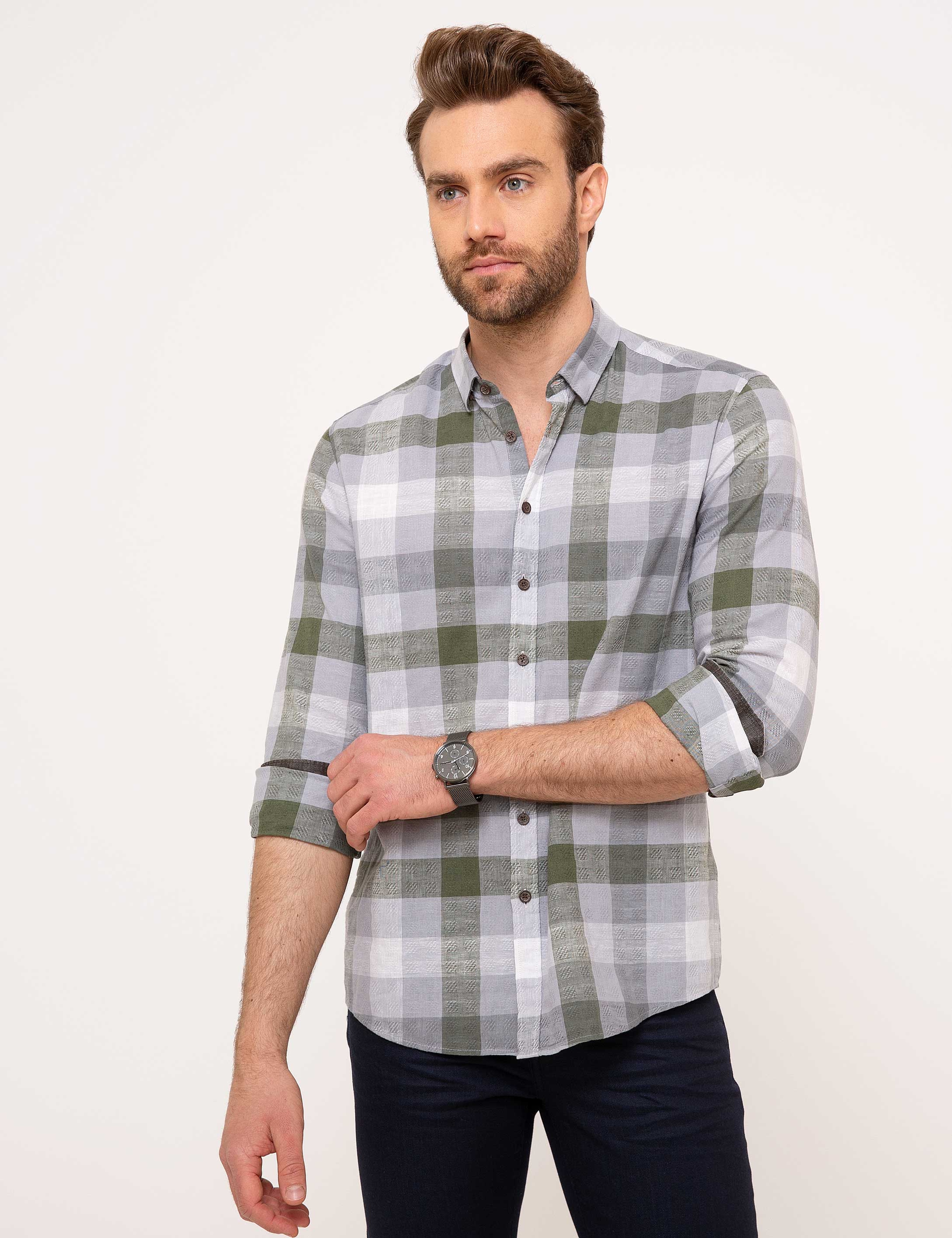 Gri Slim Fit Keten Karışımlı Gömlek - Image 1