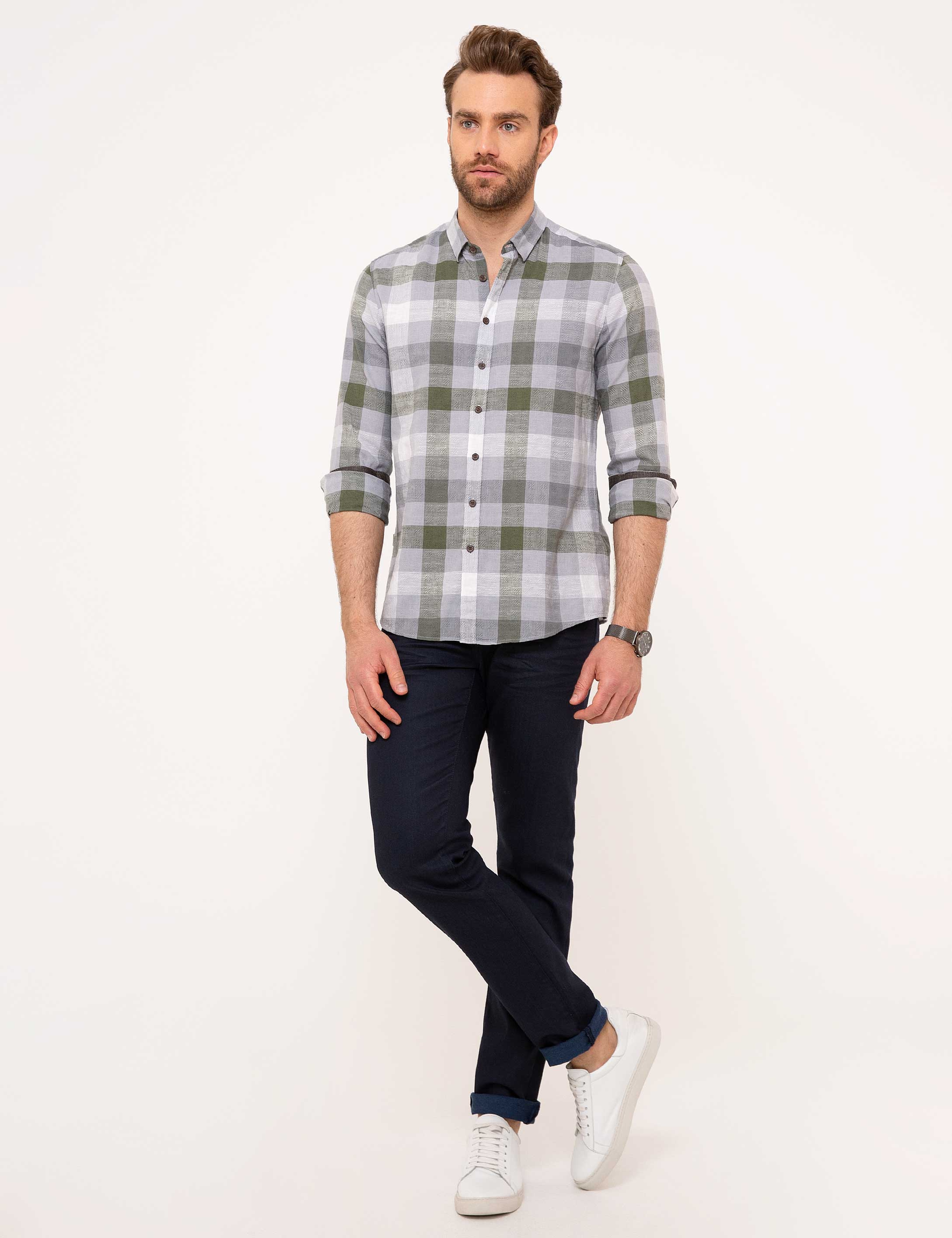 Gri Slim Fit Keten Karışımlı Gömlek - Image 5