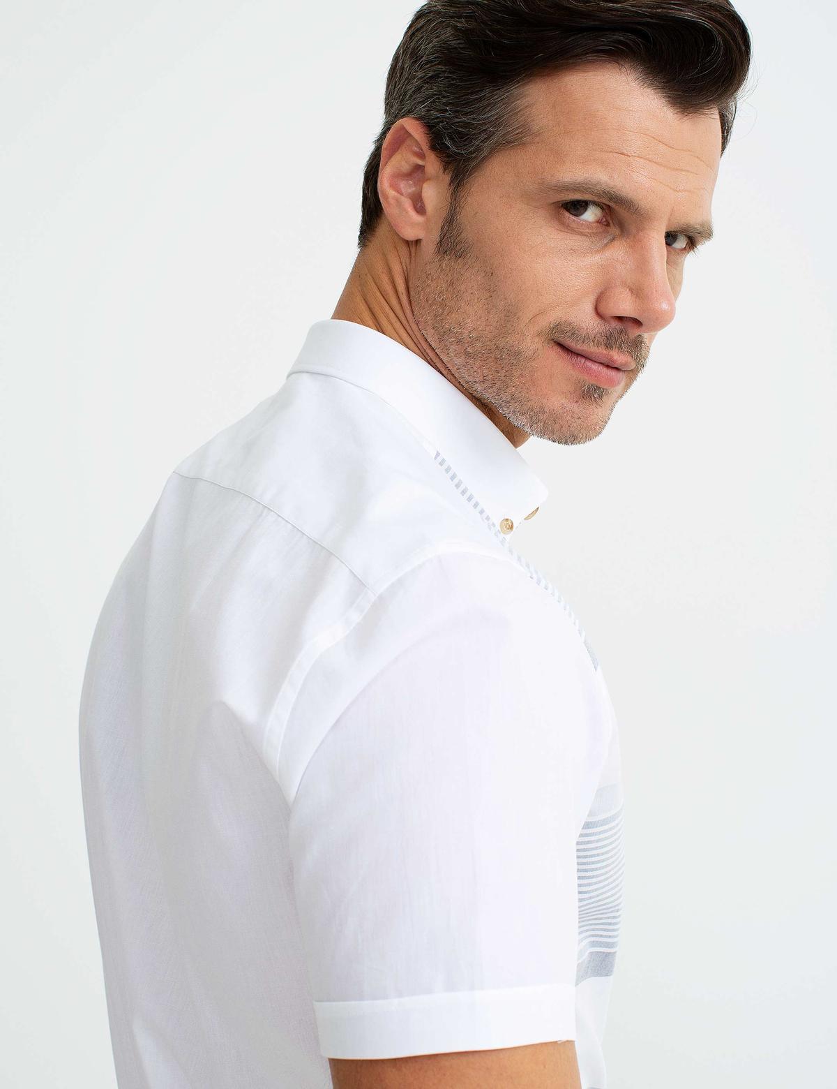 Mavi Detaylı Beyaz Slim Fit Kısakol Gömlek - 50187591001