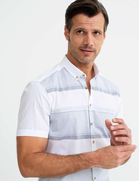 Mavi Detaylı Beyaz Slim Fit Kısakol Gömlek - 50187591001
