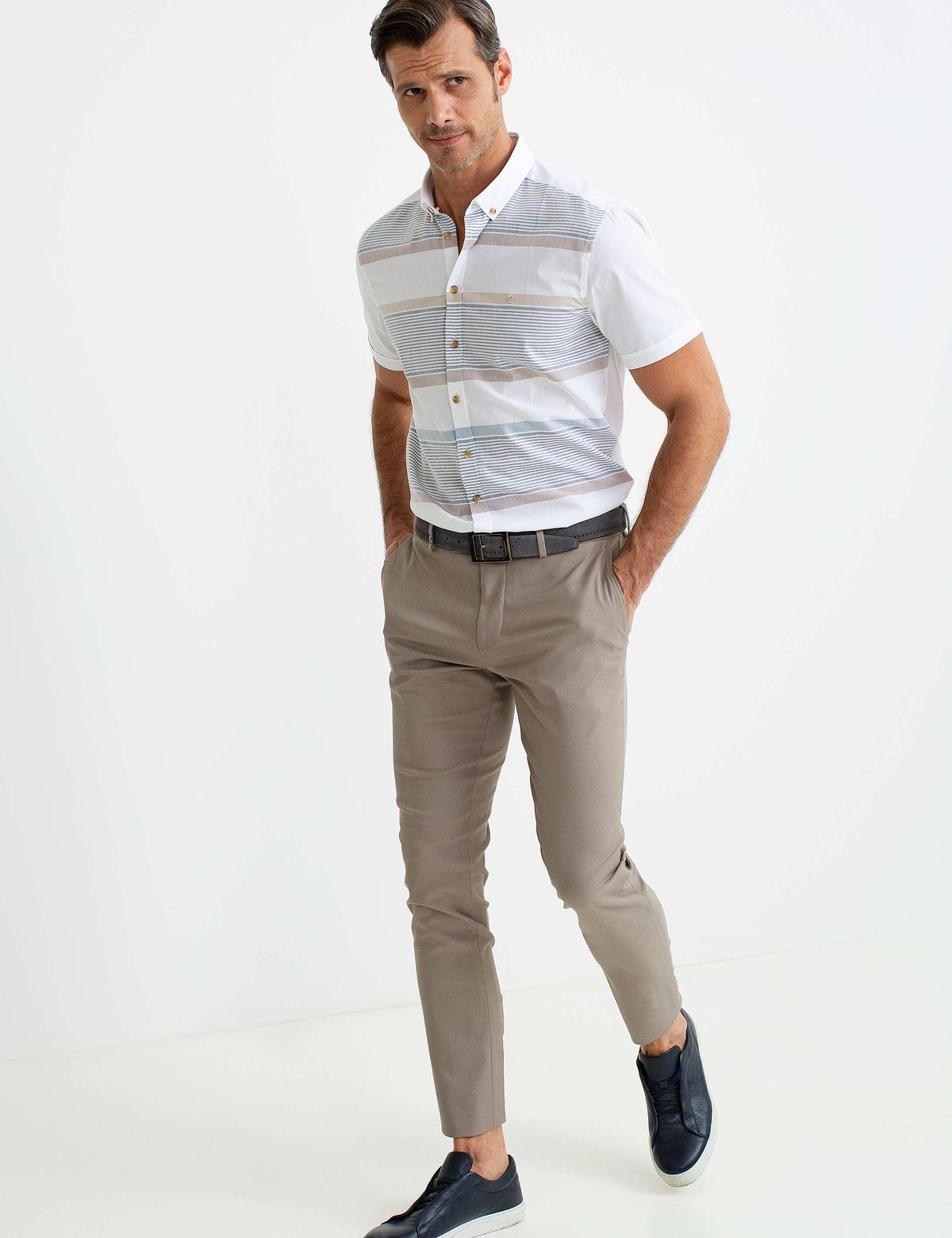 Turuncu Detaylı Beyaz Slim Fit Kısakol Gömlek - 50187591014