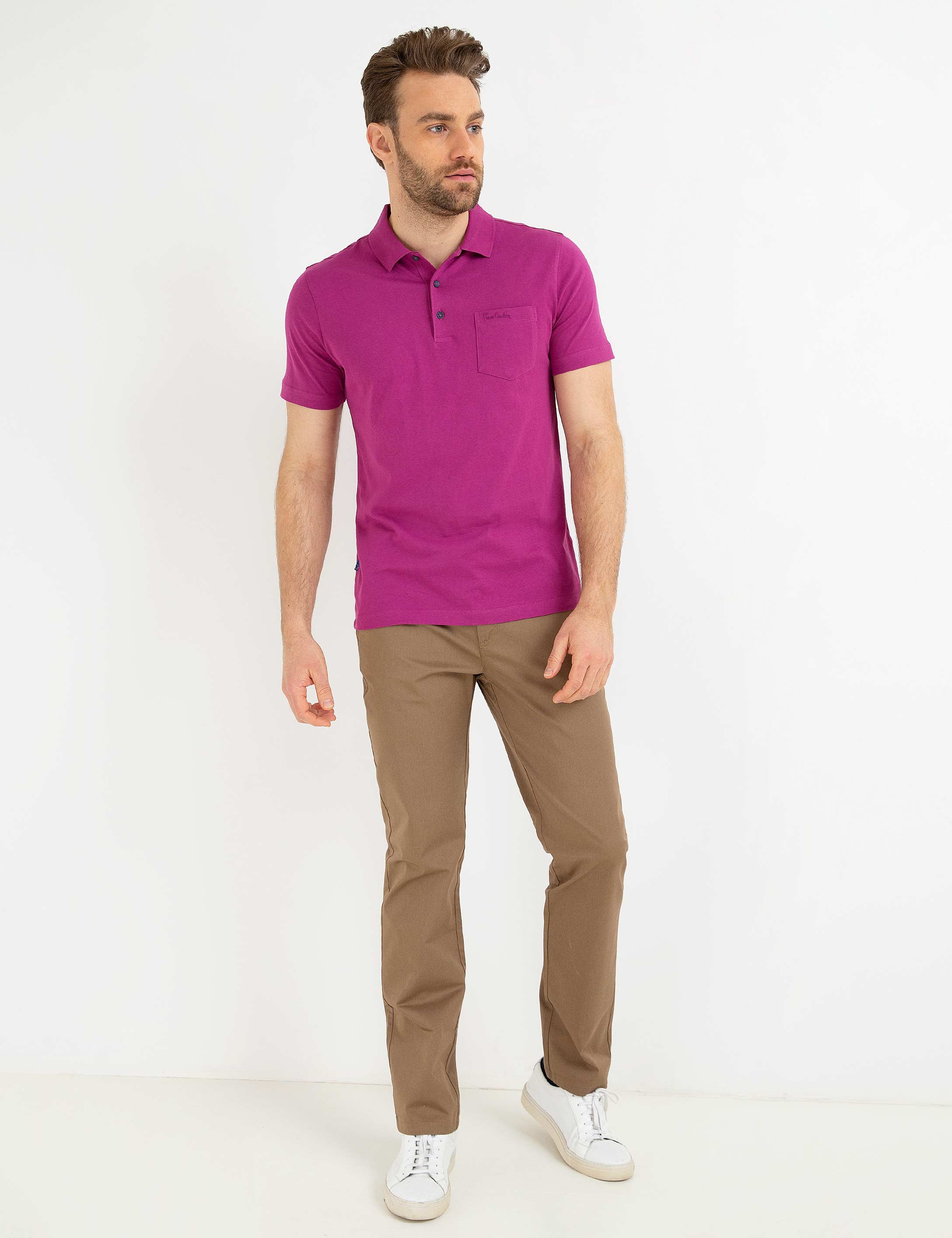 Fuşya Regular Fit Polo Yaka Basic Tişört - Image 3
