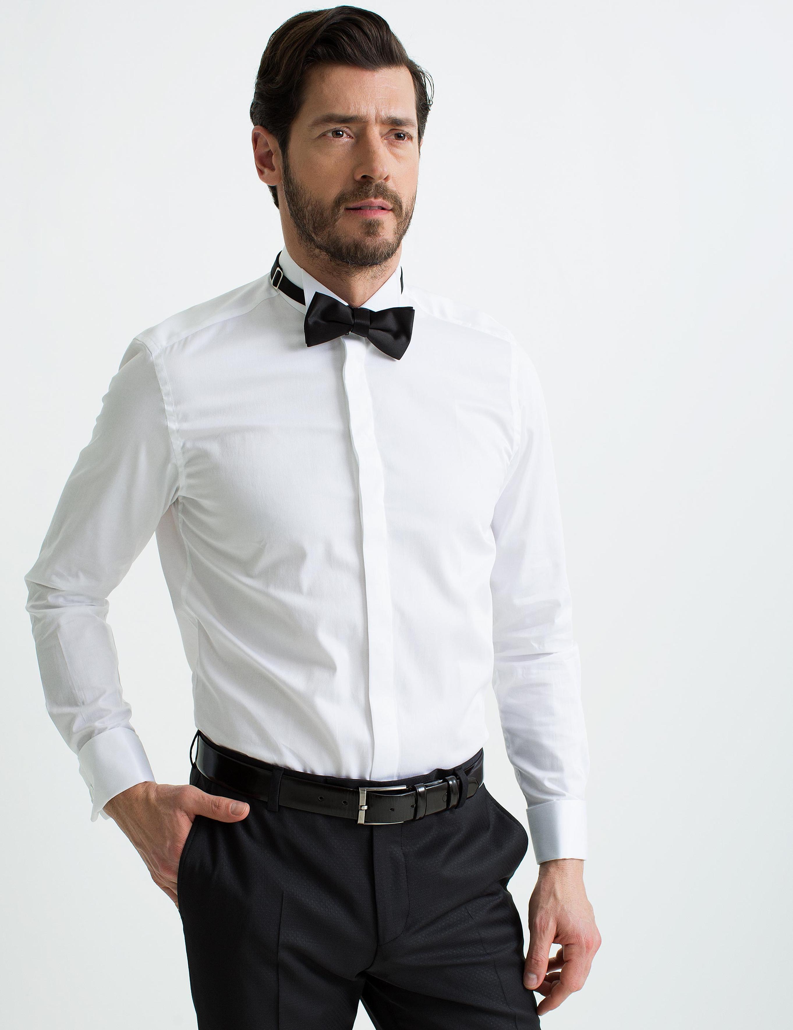 Beyaz Slim Fit Smokin Gömlek