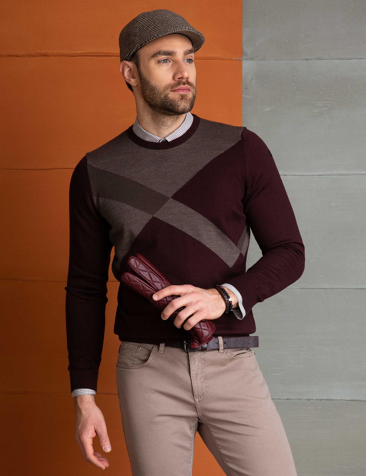 Bordo Slim Fit Yün Karışımlı Triko Kazak