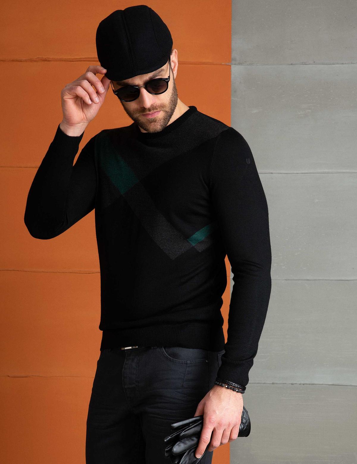 Siyah Slim Fit Bisiklet Yaka Triko Kazak - 50193346043