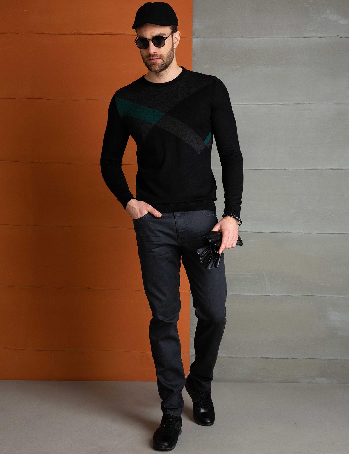 Siyah Slim Fit Bisiklet Yaka Triko Kazak - 50193346043