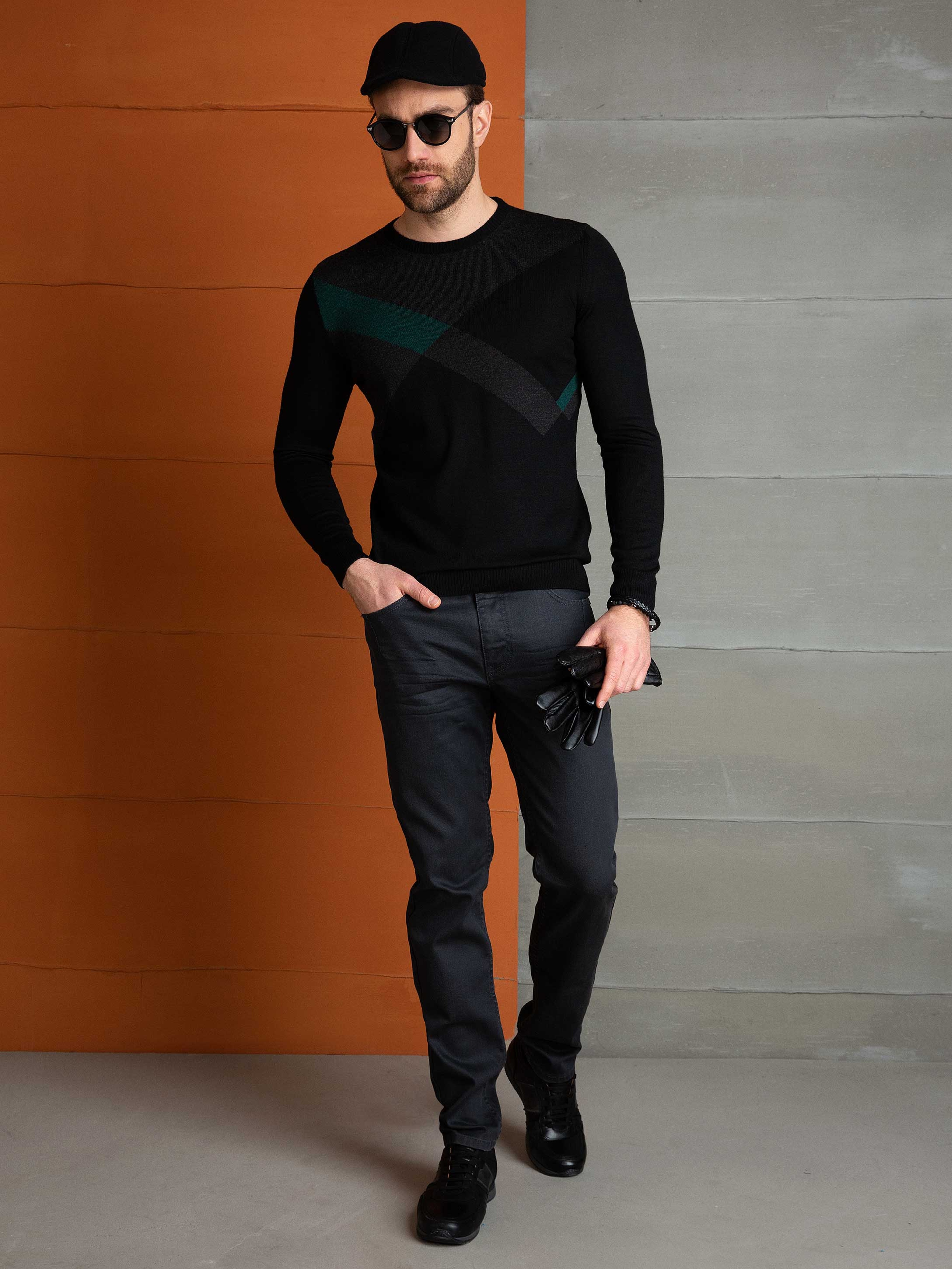 Siyah Slim Fit Bisiklet Yaka Triko Kazak - Image 4