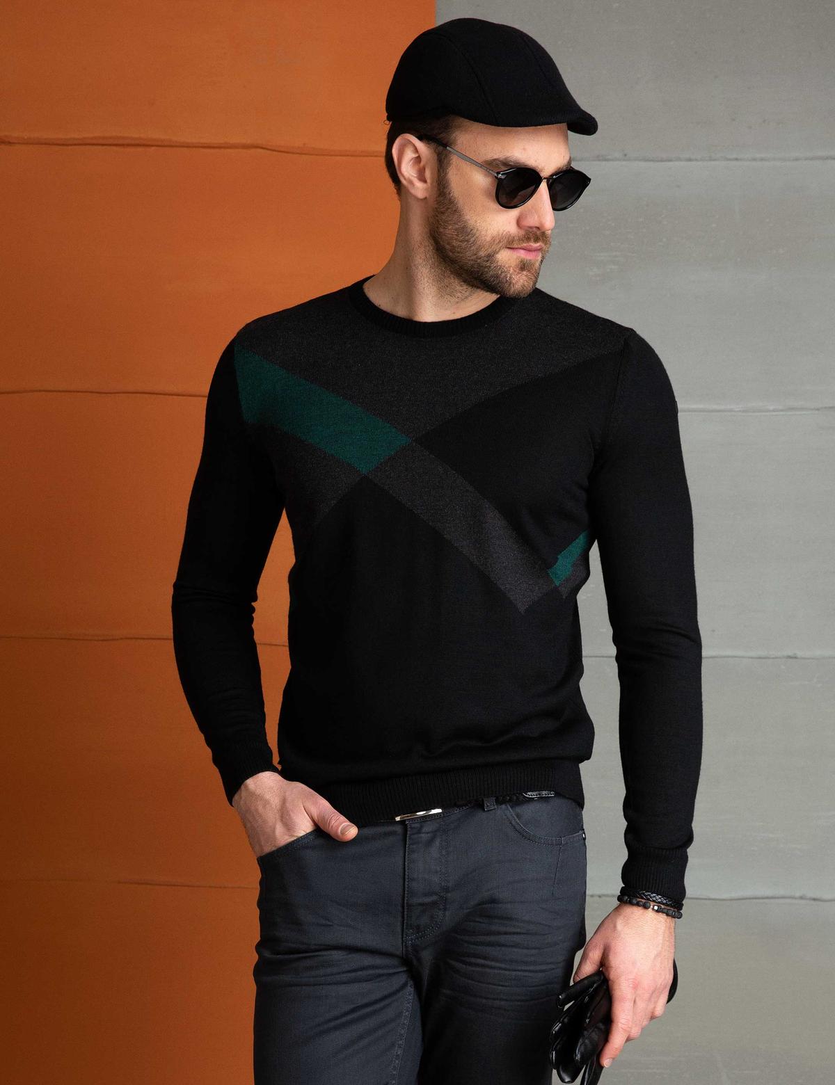 Siyah Slim Fit Bisiklet Yaka Triko Kazak