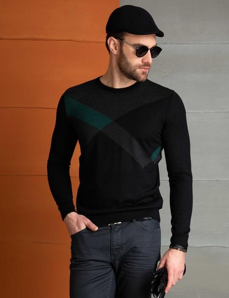 Siyah Slim Fit Bisiklet Yaka Triko Kazak - 50193346043