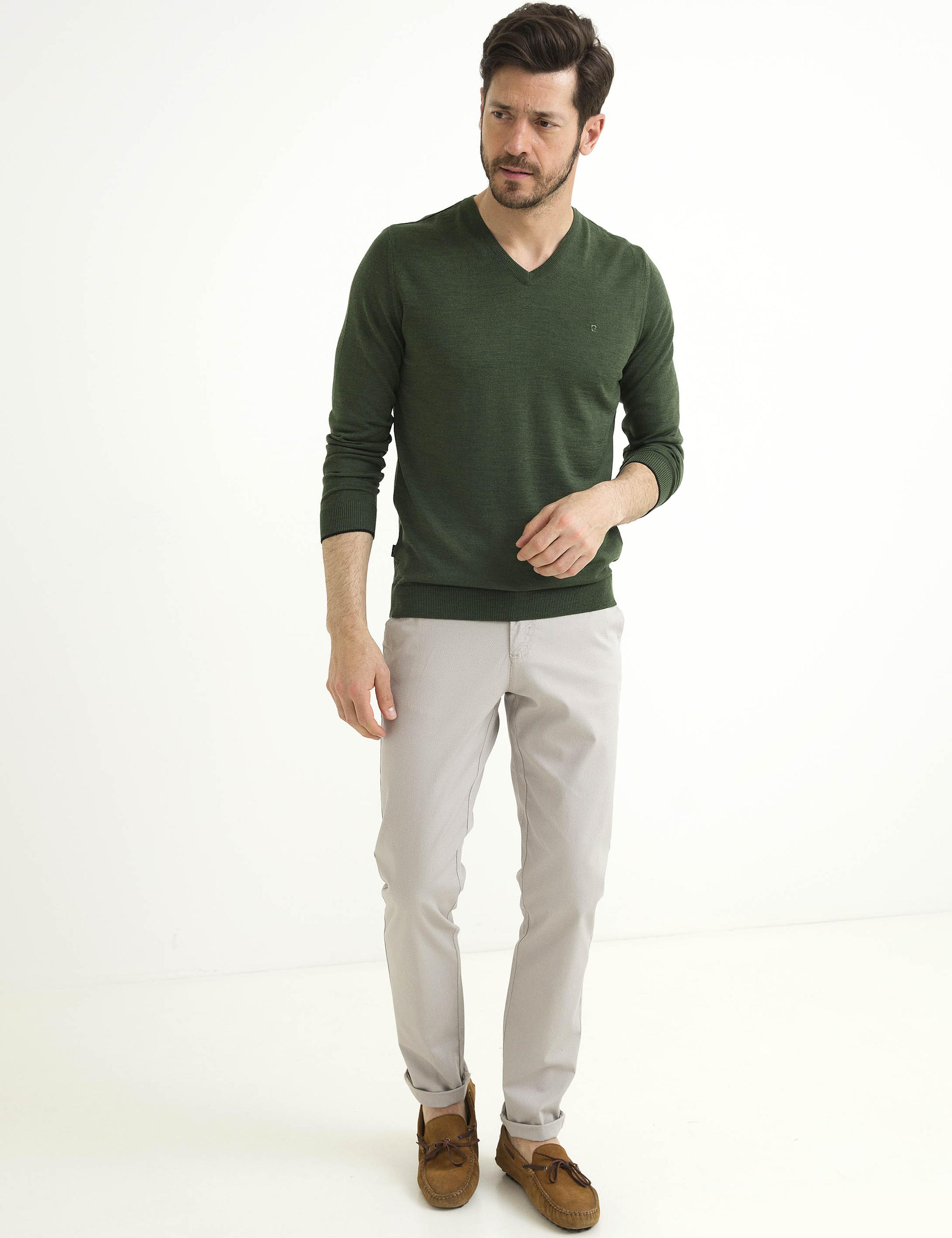 Yeşil Slim Fit V Yaka Basic Triko Kazak