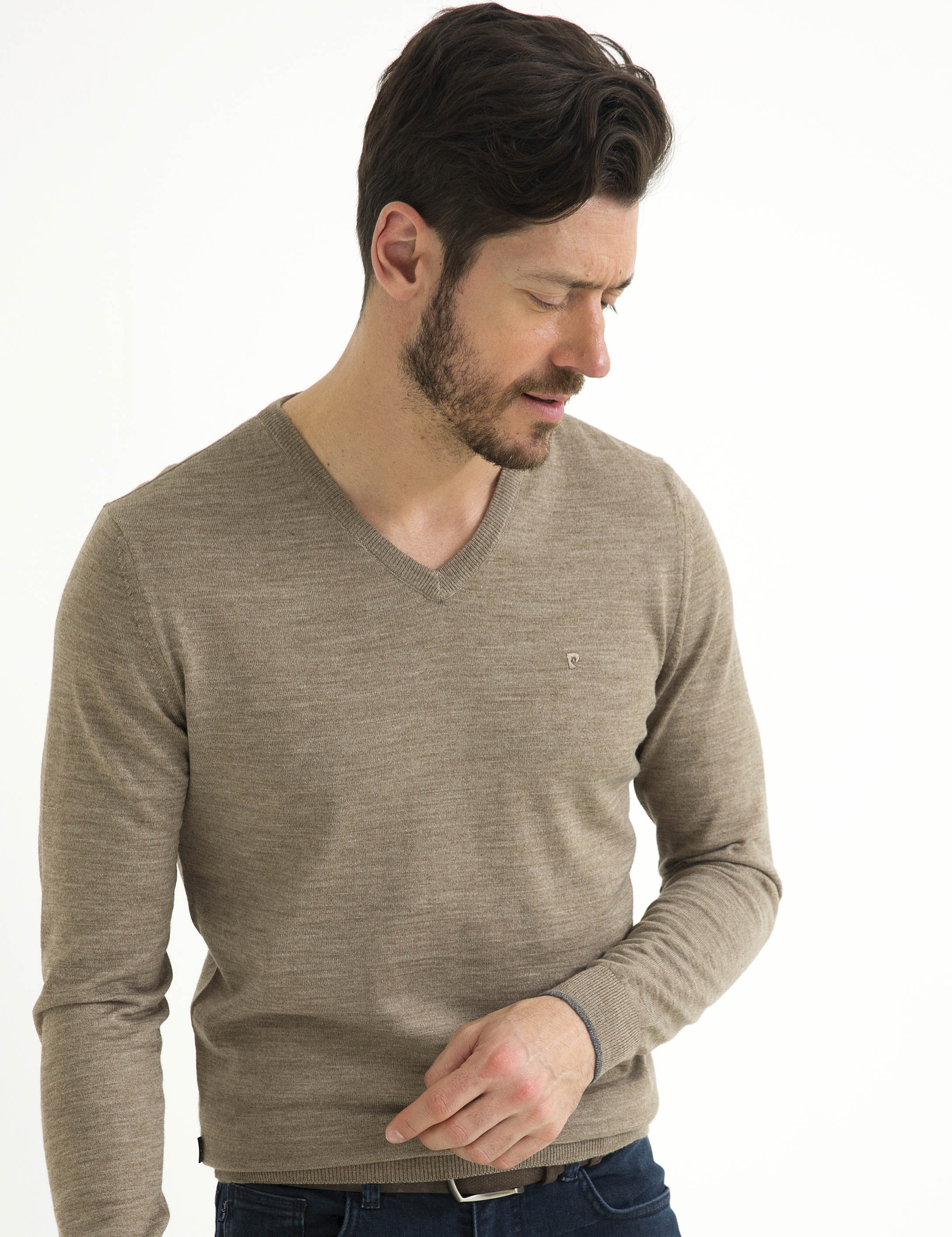 Bej Slim Fit Basic Triko Kazak - Image 2
