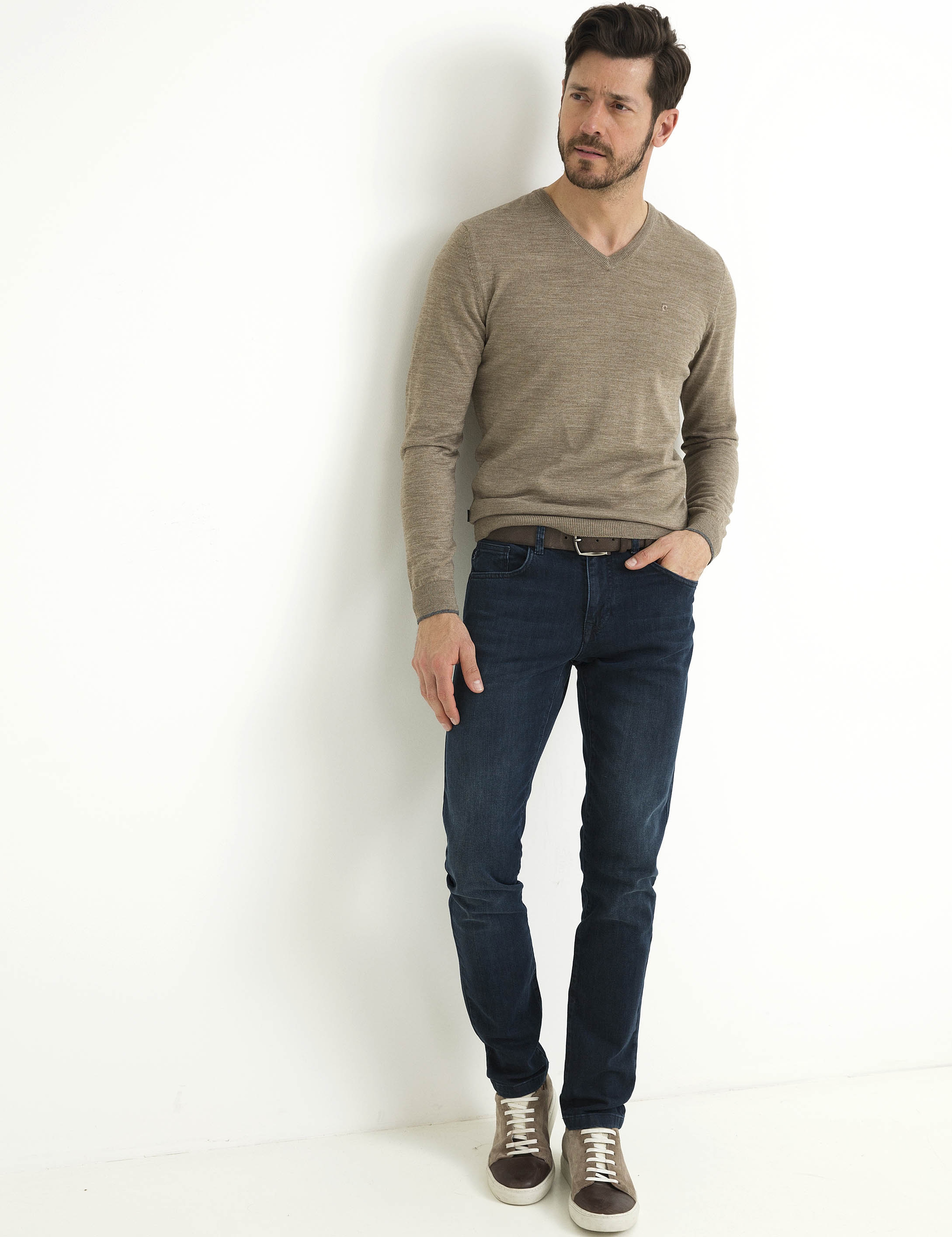 Bej Slim Fit Basic Triko Kazak - Image 1