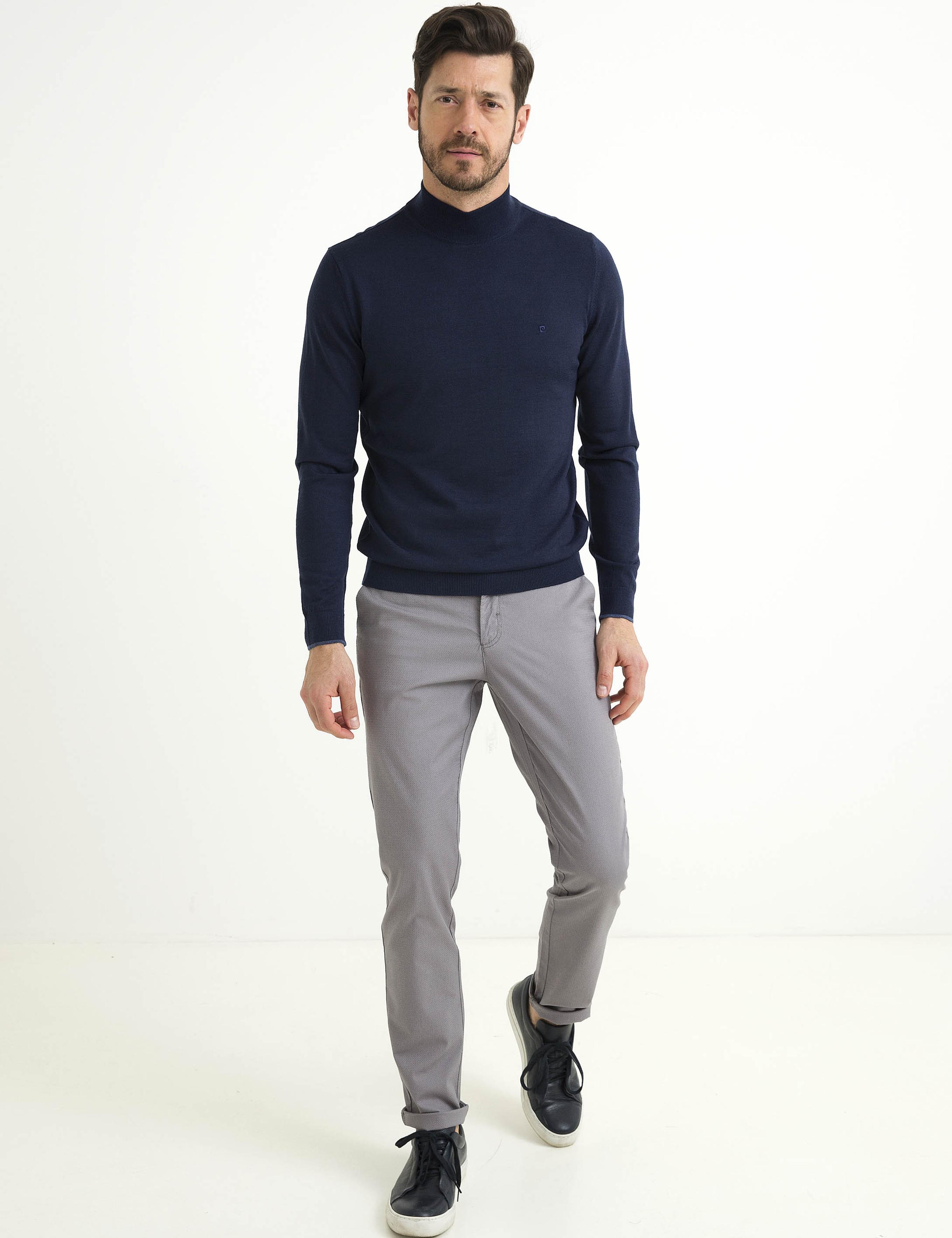 Lacivert Slim Fit Yarım Balıkçı Yaka Yün Karışımlı Basic Triko Kazak