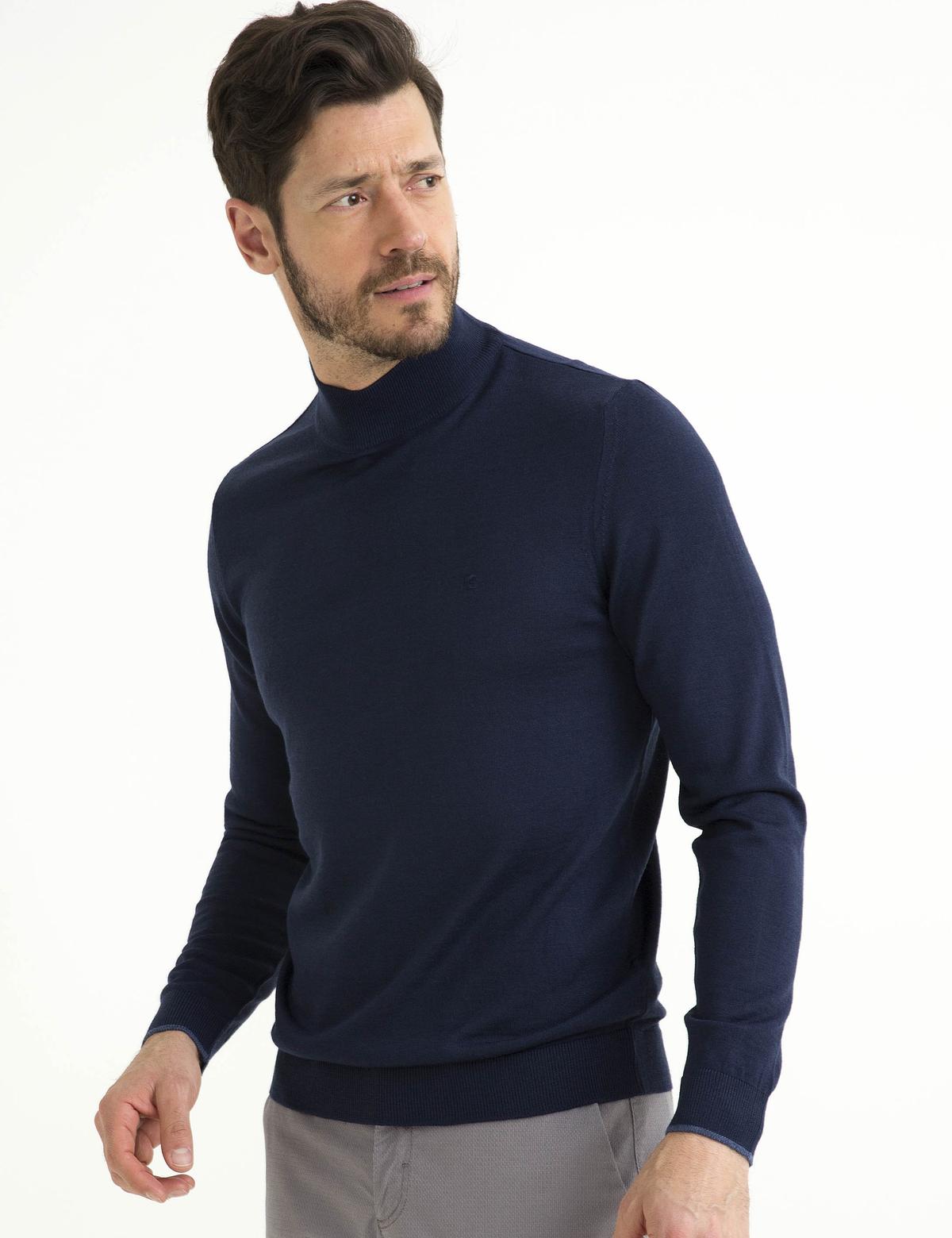 Lacivert Slim Fit Yarım Balıkçı Yaka Yün Karışımlı Basic Triko Kazak - 50193444013