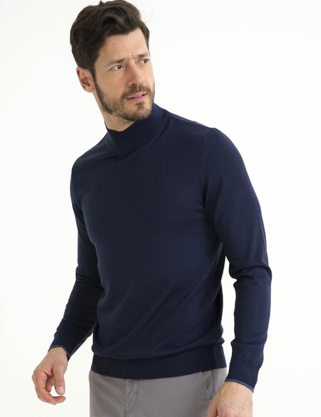 Lacivert Slim Fit Yarım Balıkçı Yaka Yün Karışımlı Basic Triko Kazak - 50193444013