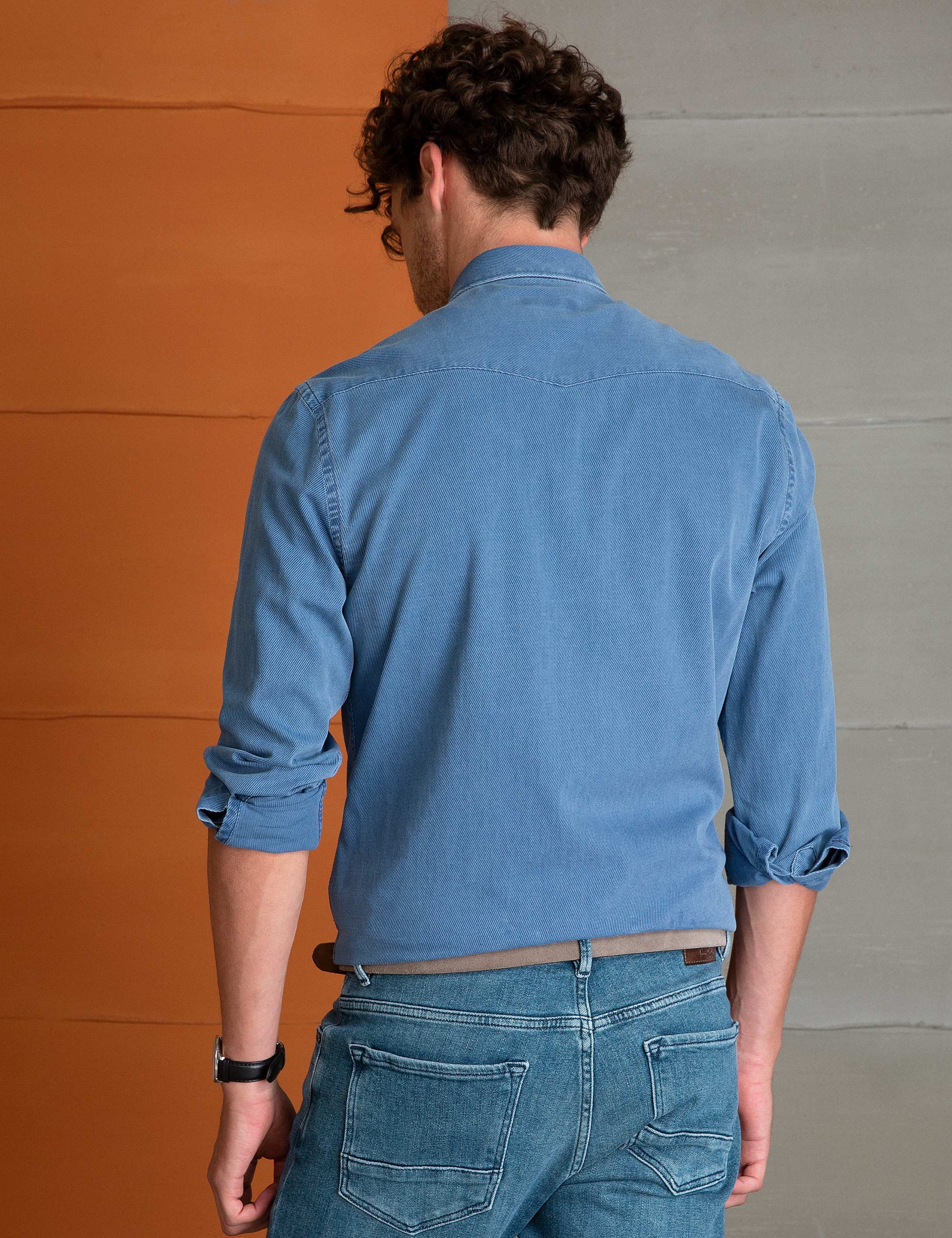 Denim Mavi Slim Fit Gömlek - Image 3