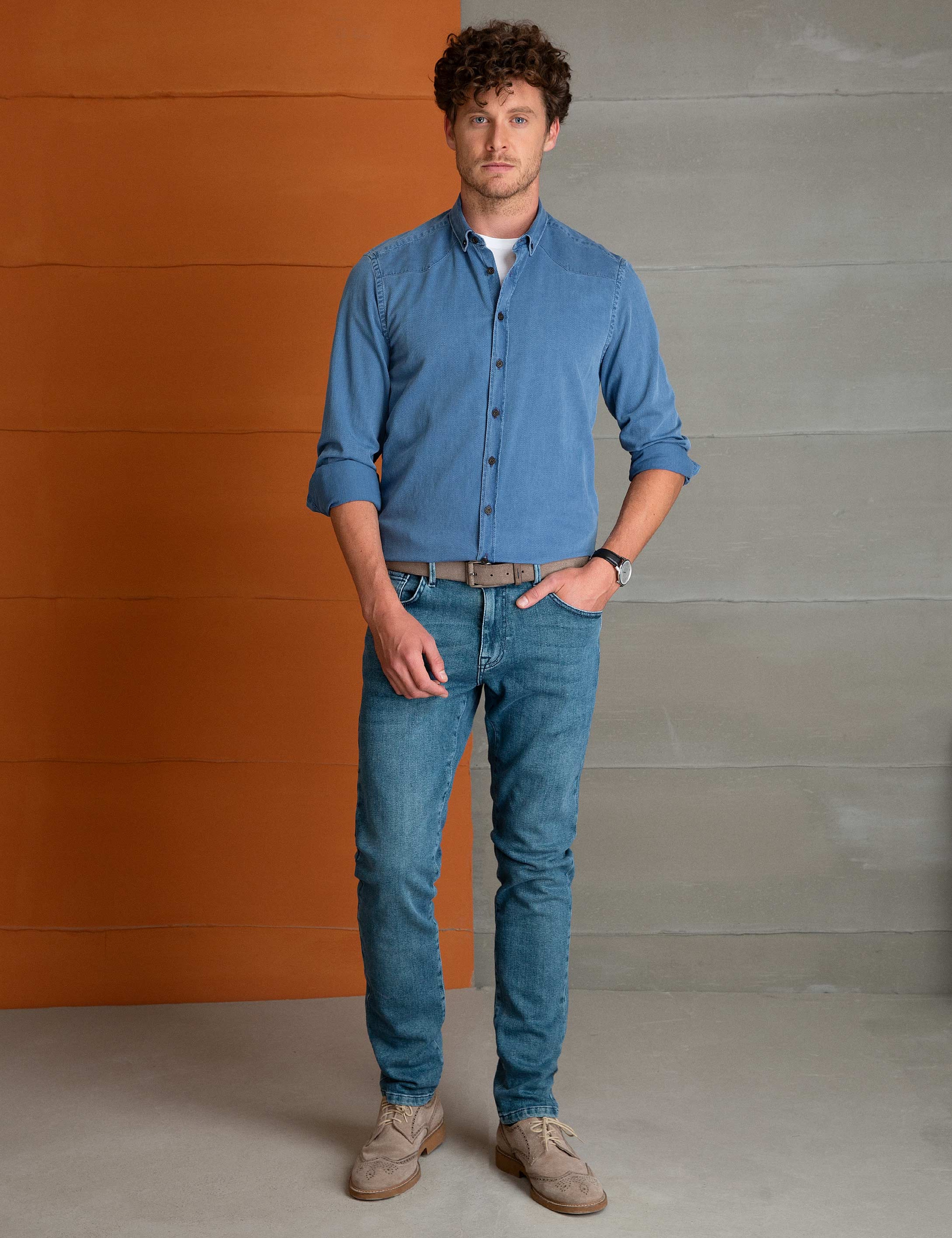 Denim Mavi Slim Fit Gömlek - Image 1