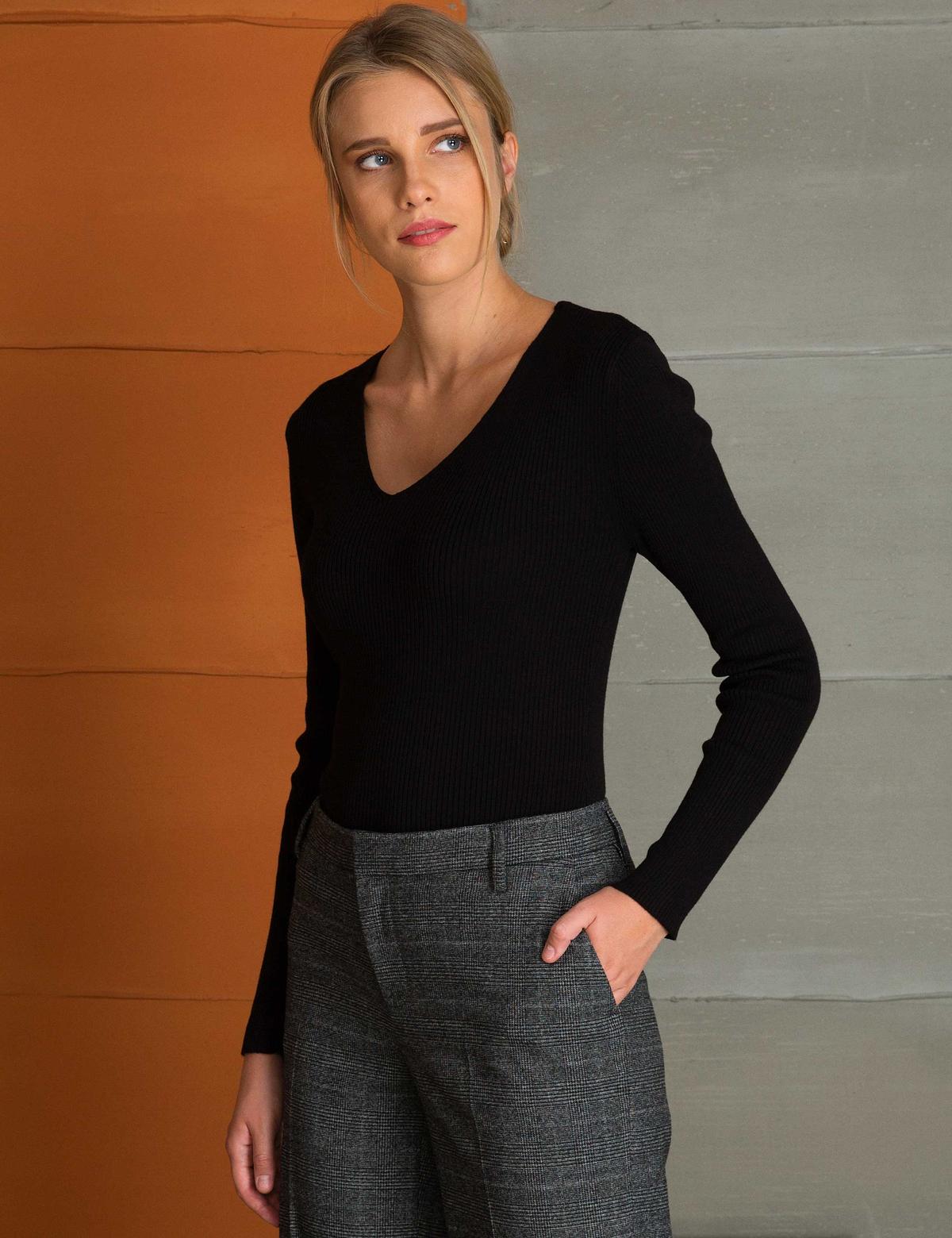 Siyah Slim Fit V Yaka Triko Kazak - 50197344028