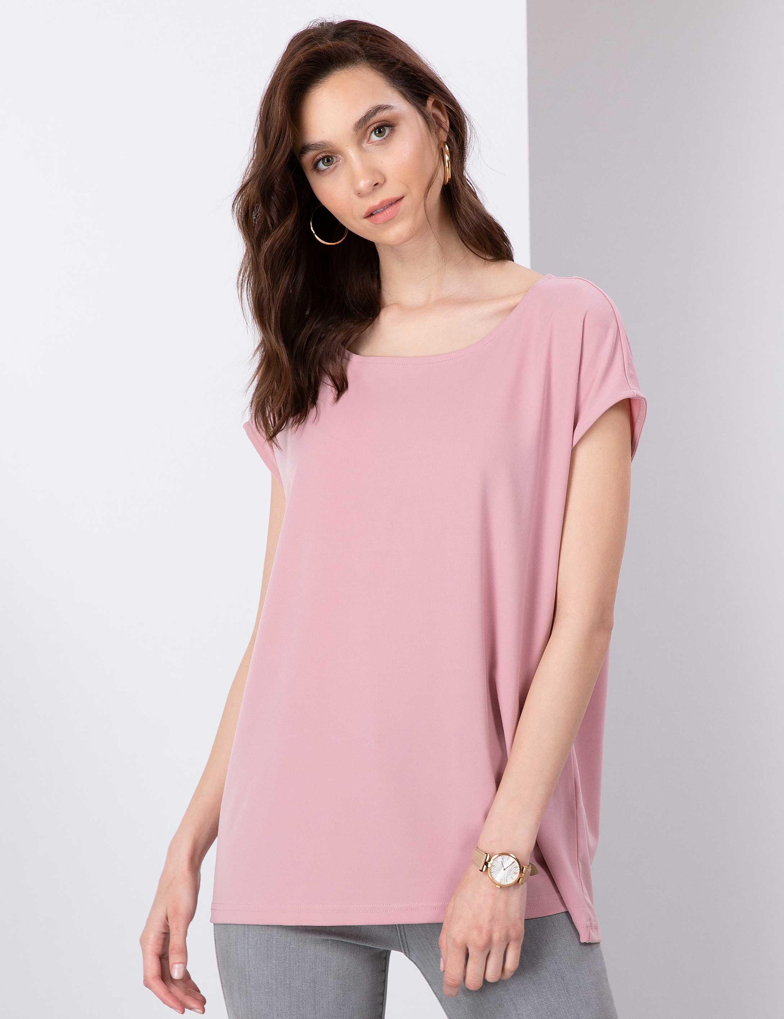 Pudra Pembe Comfort Fit Kayık Yaka T-Shirt