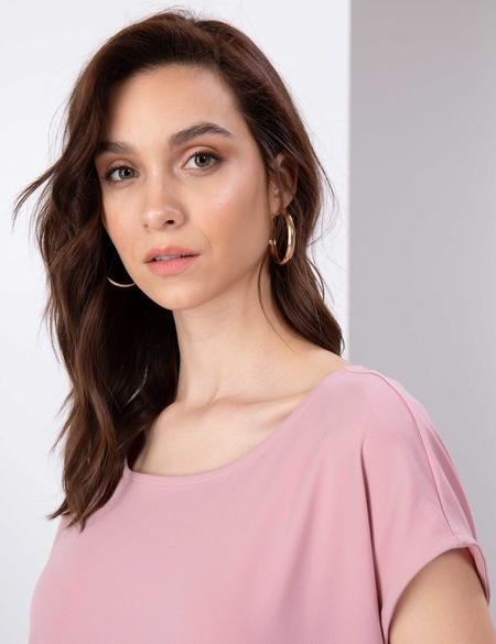 Pudra Pembe Comfort Fit Kayık Yaka T-Shirt - 50197781078