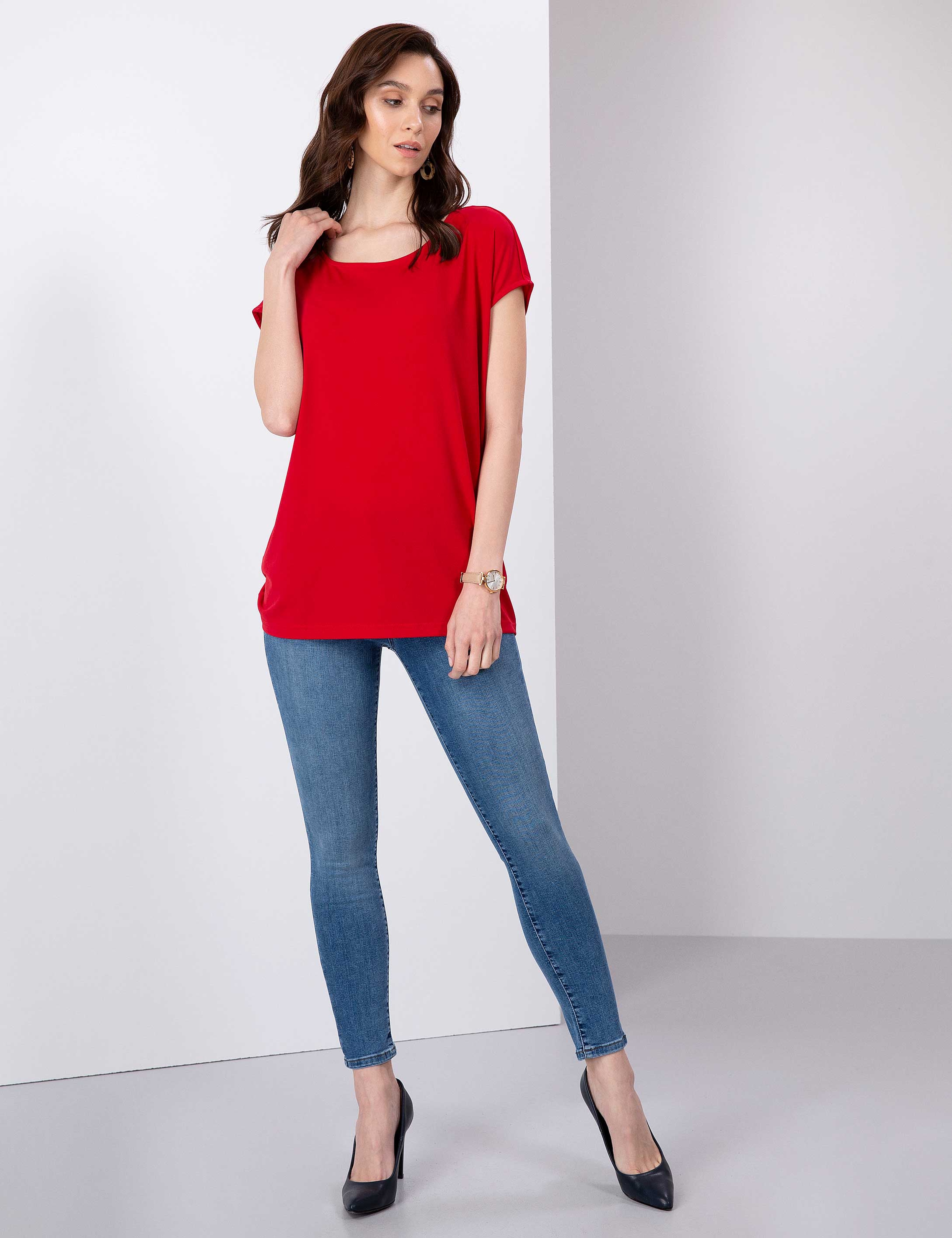 Kırmızı Comfort Fit Kayık Yaka T-Shirt - Image 4