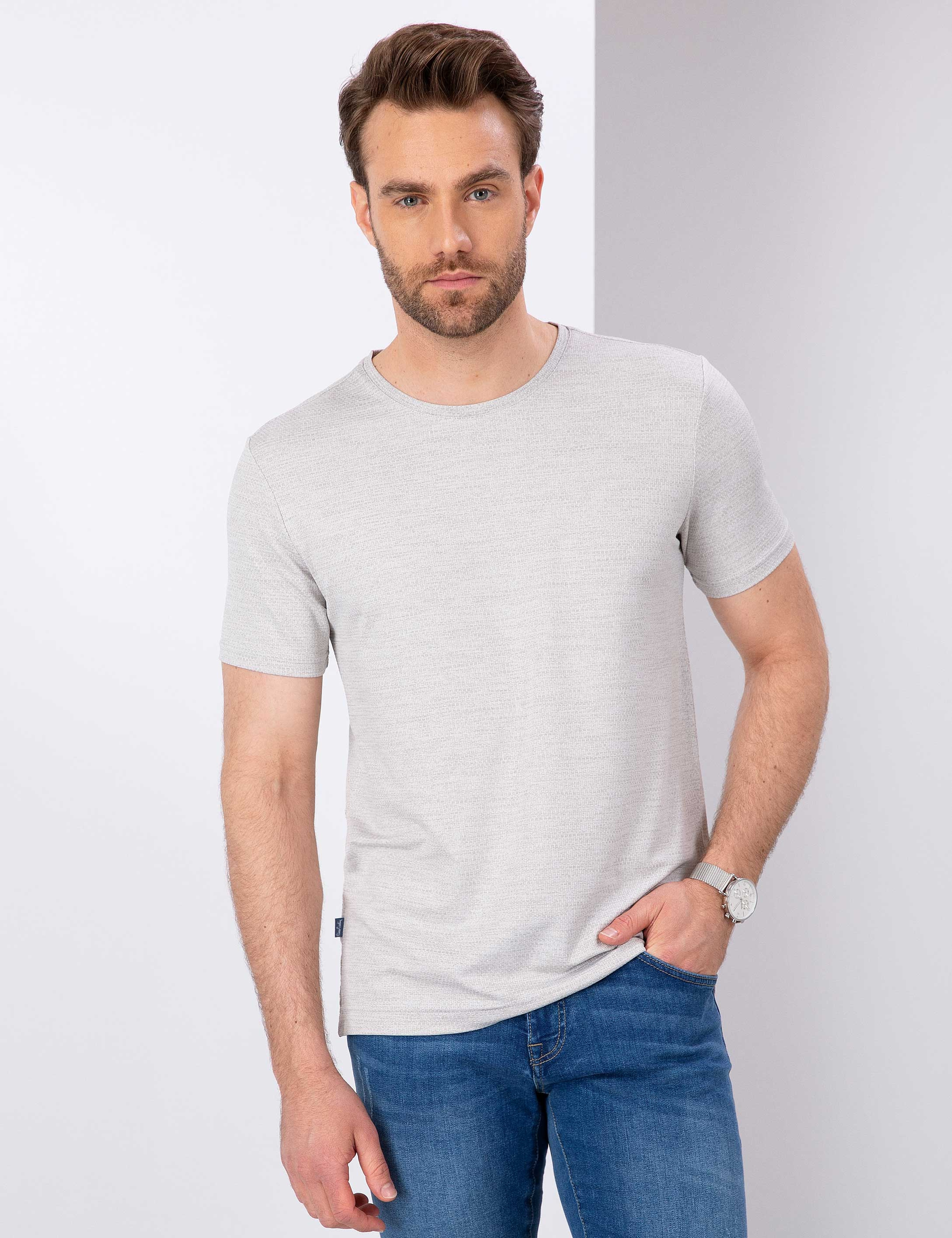 Gri Slim Fit Bisiklet Yaka T-Shirt